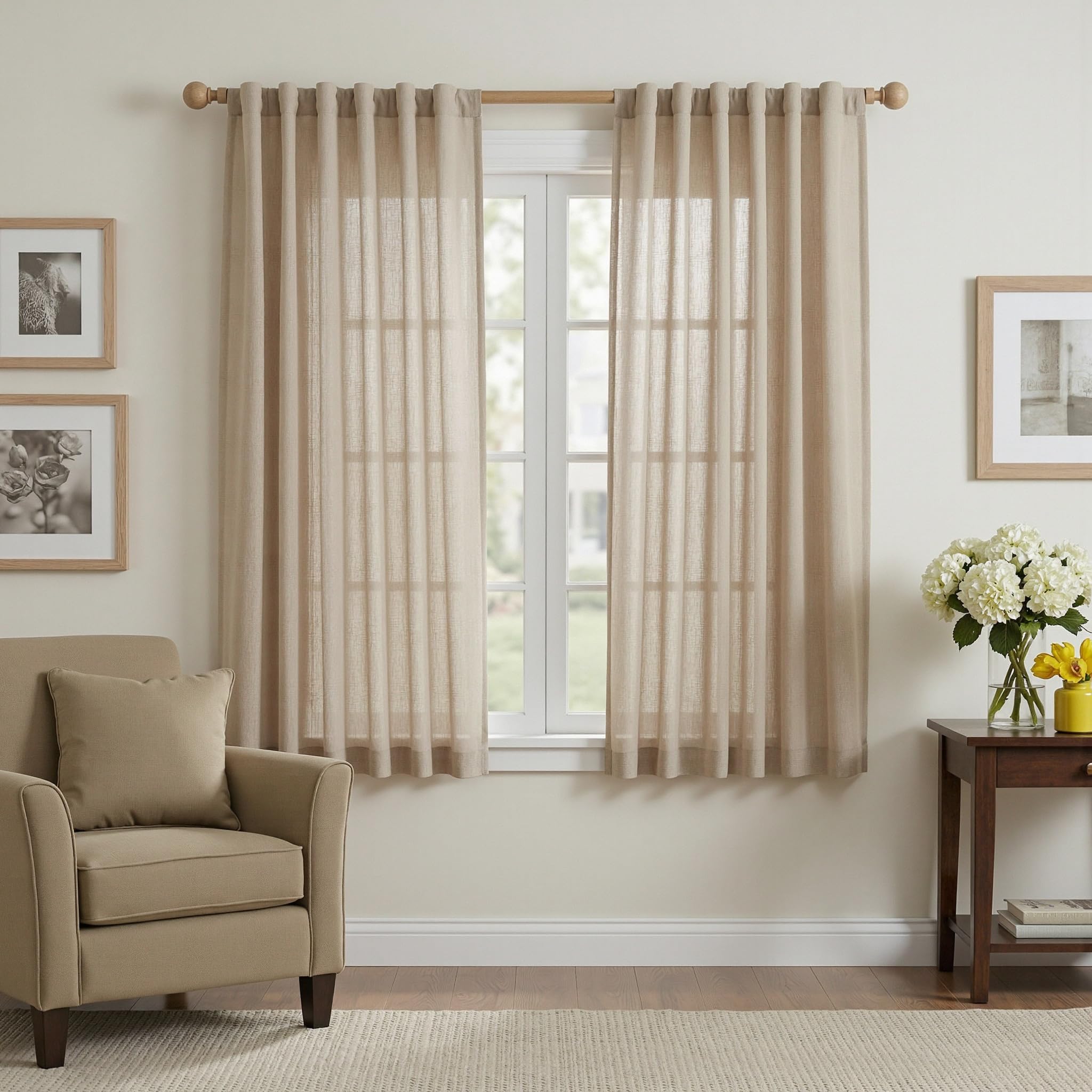 MYSKY HOME Country Curtains for Sliding Glass Door, Back Tab Semi Sheer Curtain Panels Extra Long Floor Length Drapes Linen Texture Soft Touch, 50x108 Inch, Linen, Set of 2