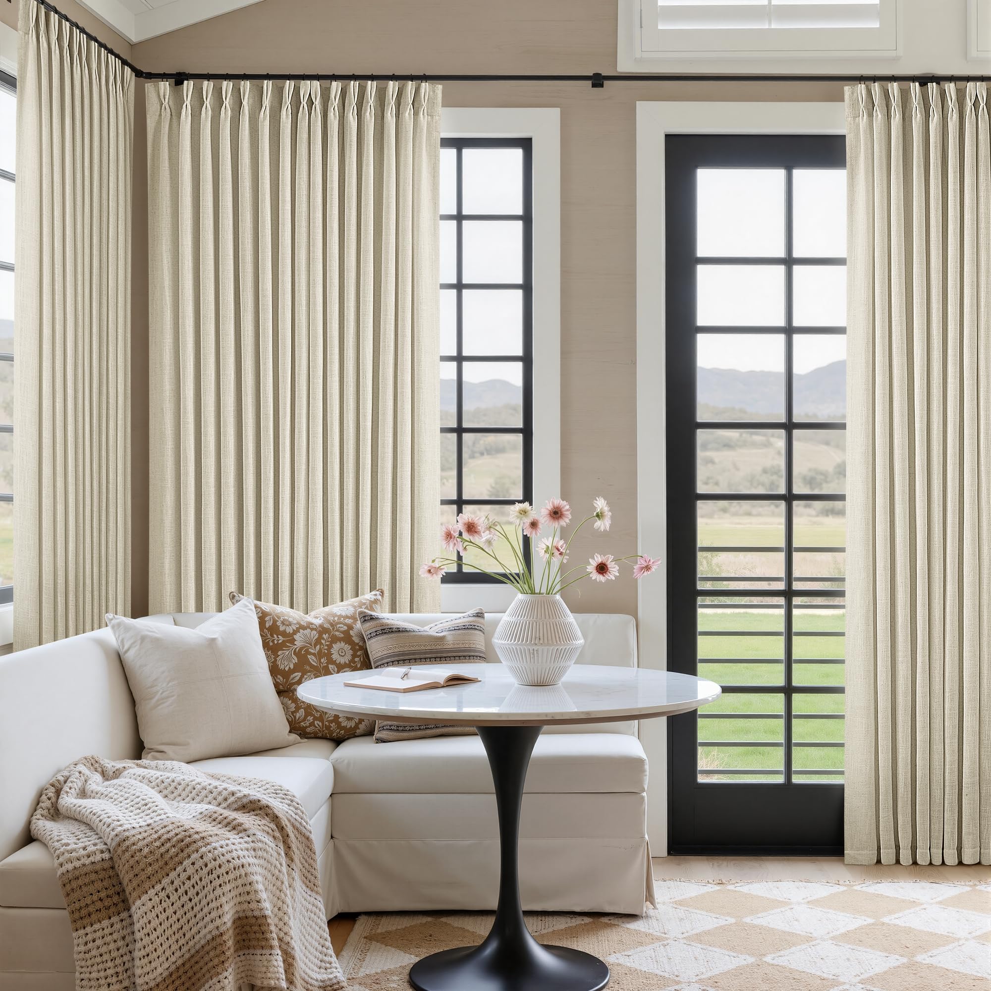 Natural Pinch Pleated Linen Curtains 84 Inch Length 2 Panels for Living Room Bedroom Textured Cream Ivory Birch Semi Sheer Boho Neutral Back Tab Pinch Pleat Hooks Rings Window Curtain 84 Inches Long