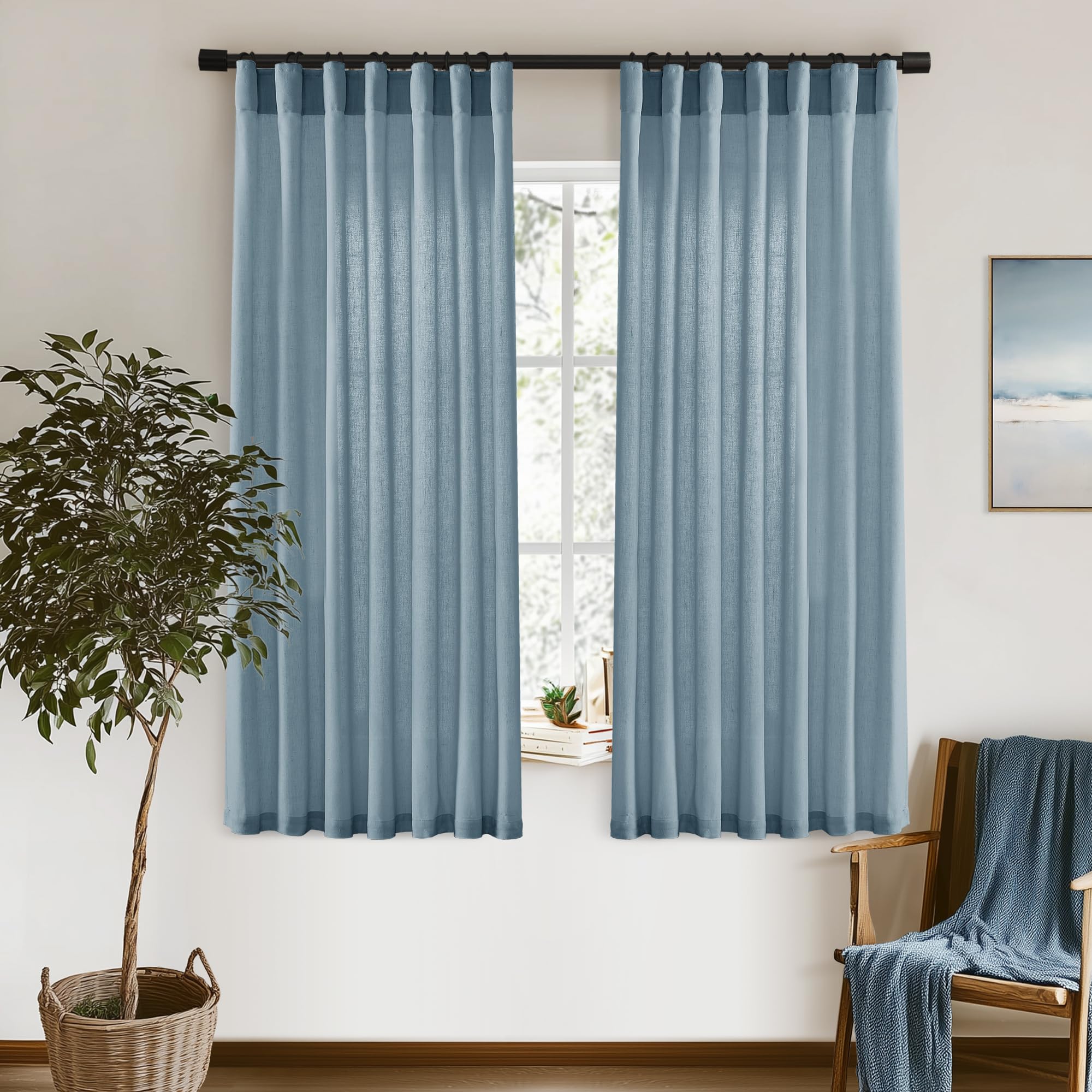 XTMYI 90 Inches Long Sheer Linen Curtains 2 Panels Set,Hook Tape Back Tab Semi Sheer Cotton Blend Fabric Modern Cottage Core Cottagecore Curtain Drapes for Living Room Bedroom,50x90 in Length