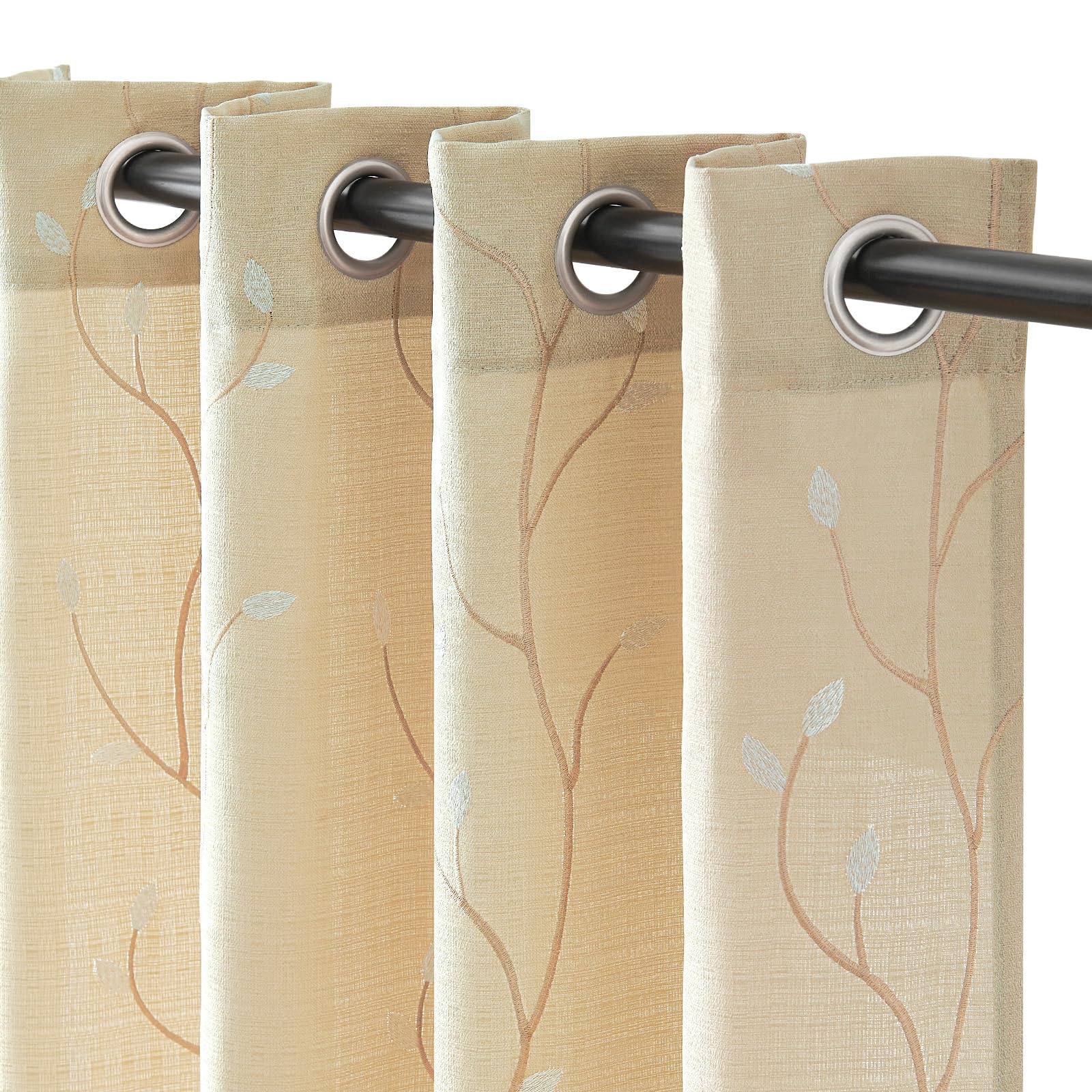 jinchan Sheer Curtains for Bedroom 84 Inch Length Leaf Embroidered Semi Sheers for Living Room Botanical Embroidery Voile Transparent Grommet Window Treatments Taupe 2 Panels