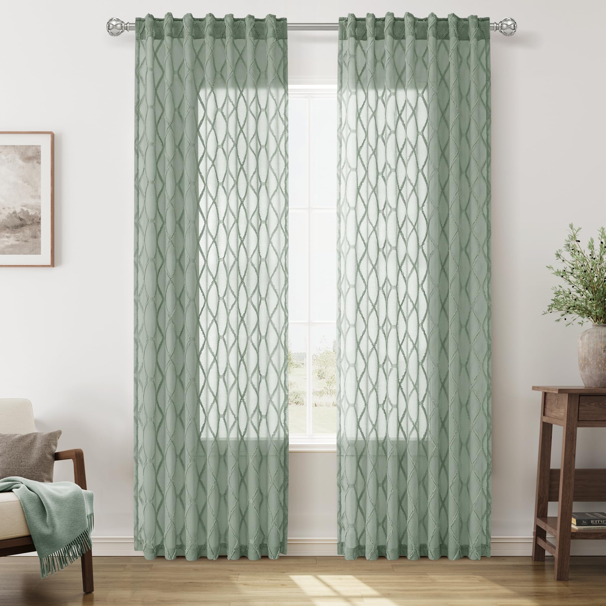 108" Beige Linen Sheer Curtains, 2 Panels, Tuft Pattern for Living Room & Bedroom