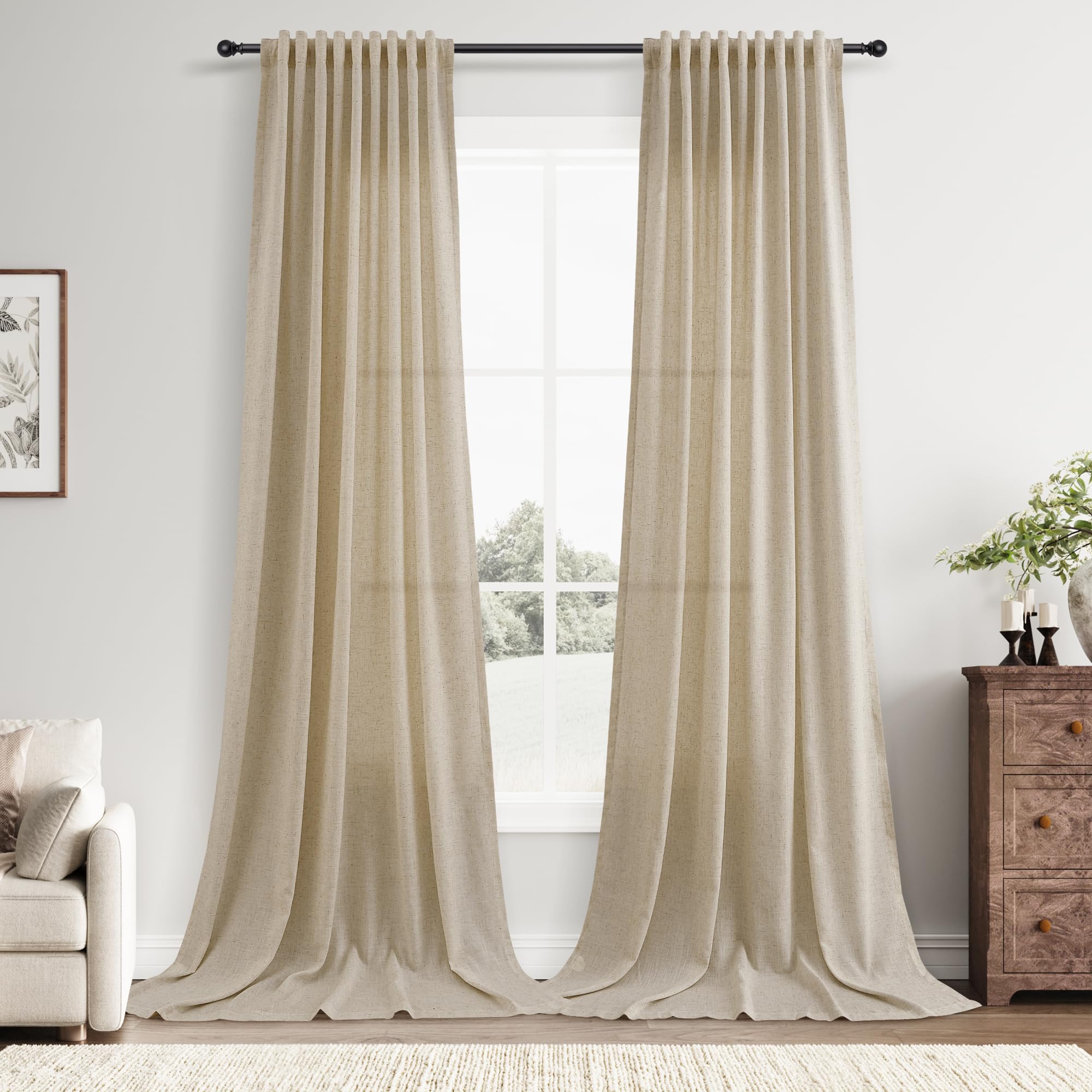Nanspring Linen Curtains 80 Inches Long for Living Room Semi Sheer Light Filtering Curtain Back Tab Neutral Boho Modern Farmhouse Window Drapes for Bedroom 52x80 2 Panels Cream Ivory Beige Natural