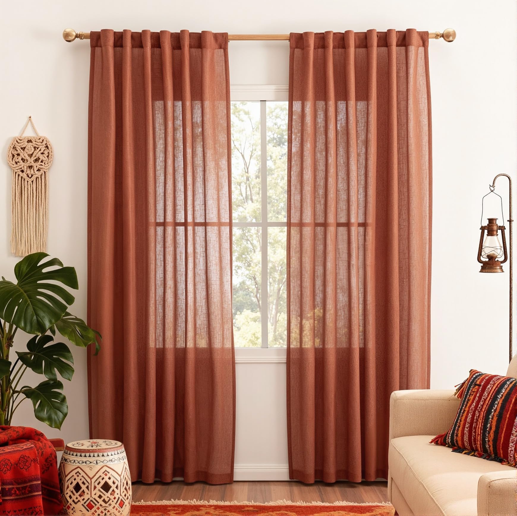 MYSKY HOME Country Curtains for Sliding Glass Door, Back Tab Semi Sheer Curtain Panels Extra Long Floor Length Drapes Linen Texture Soft Touch, 50x108 Inch, Linen, Set of 2