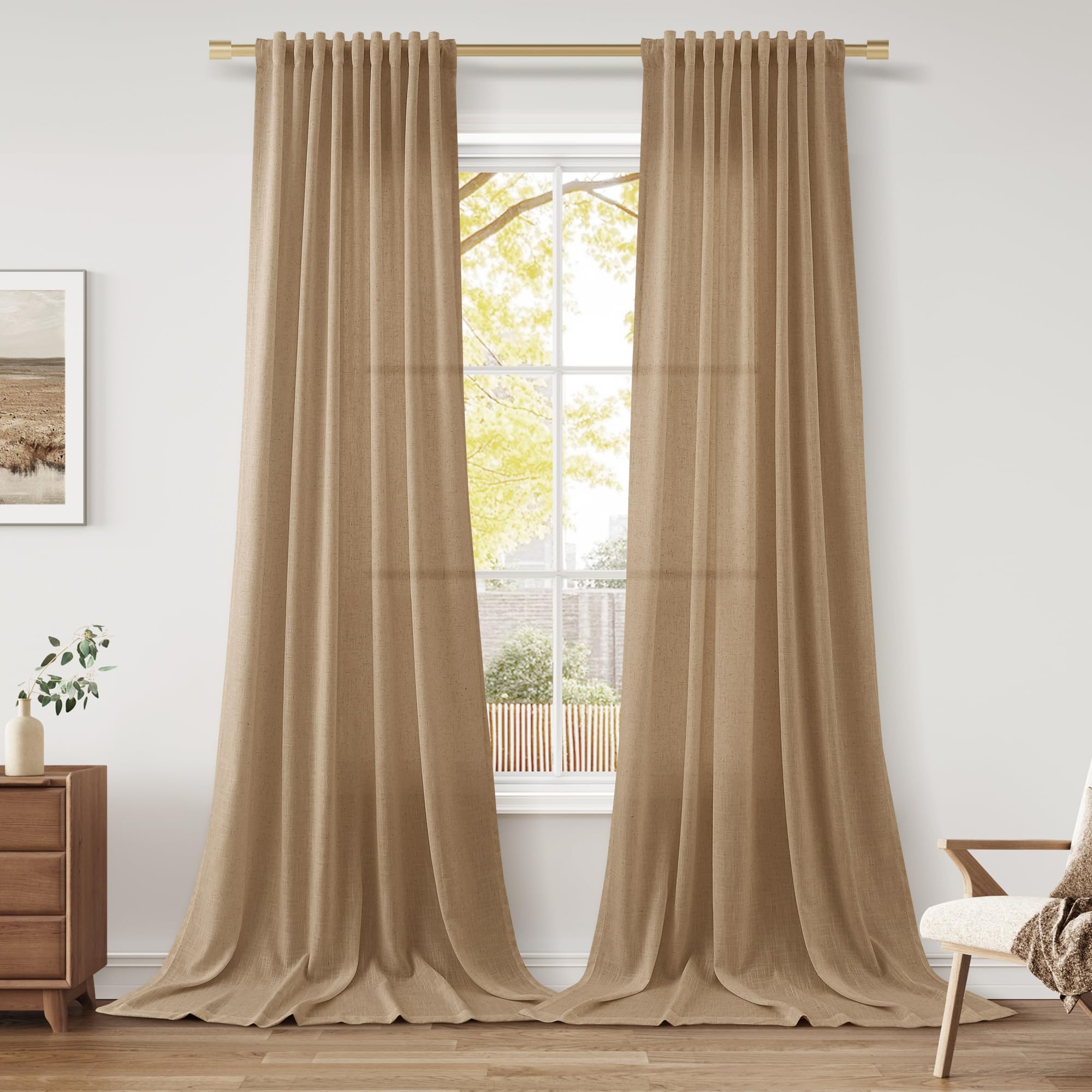 Nanspring Linen Curtains 80 Inches Long for Living Room Semi Sheer Light Filtering Curtain Back Tab Neutral Boho Modern Farmhouse Window Drapes for Bedroom 52x80 2 Panels Cream Ivory Beige Natural