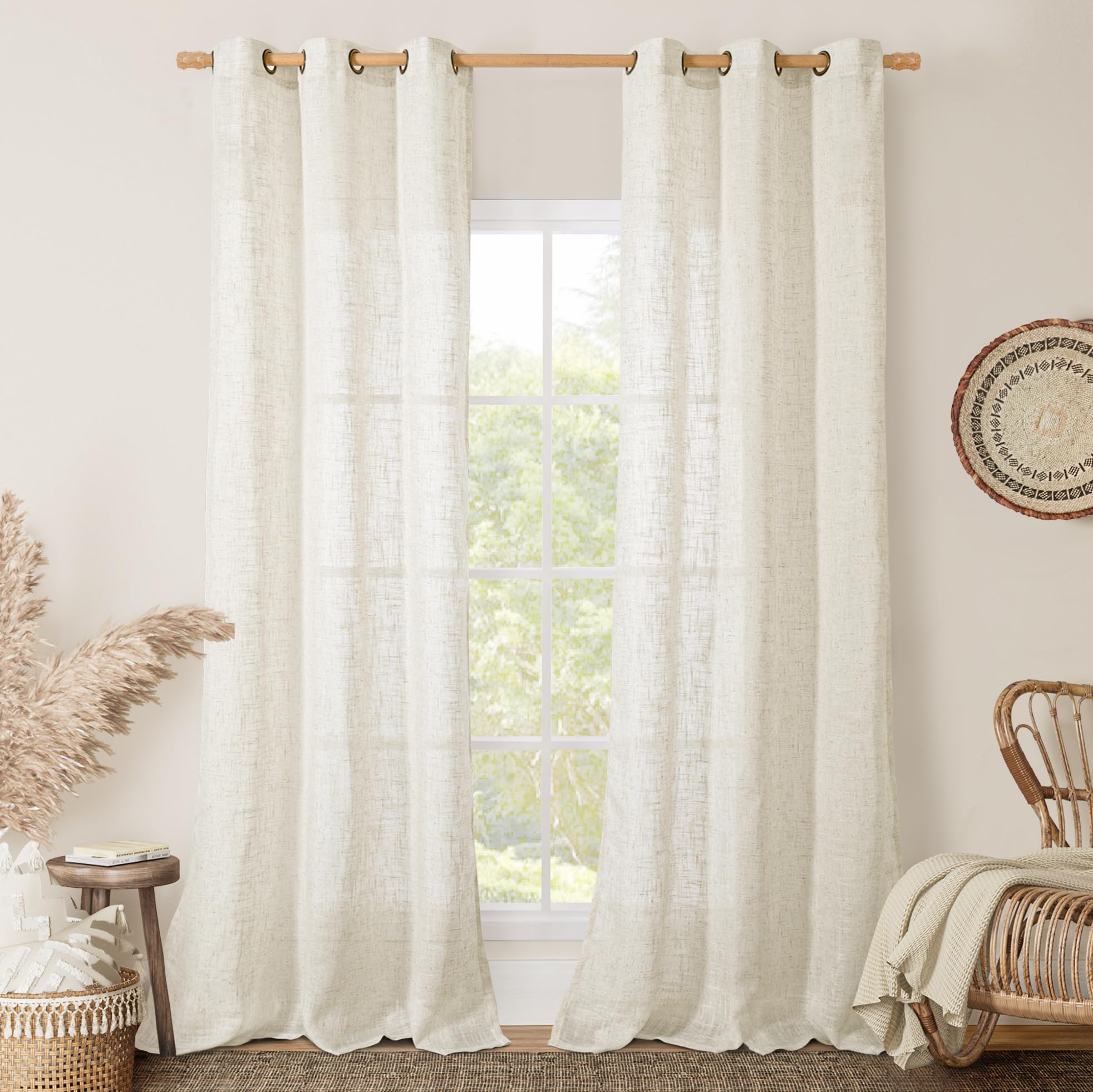 LAMIT Natural Cream Ivory Long Linen Curtains for Living Room, 108 inches Long Bronze Grommet Light Filtering Window Textured Neutral Sheer Drapes for Bedroom Farmhouse, 2 Panels, 52 x 108 Inch