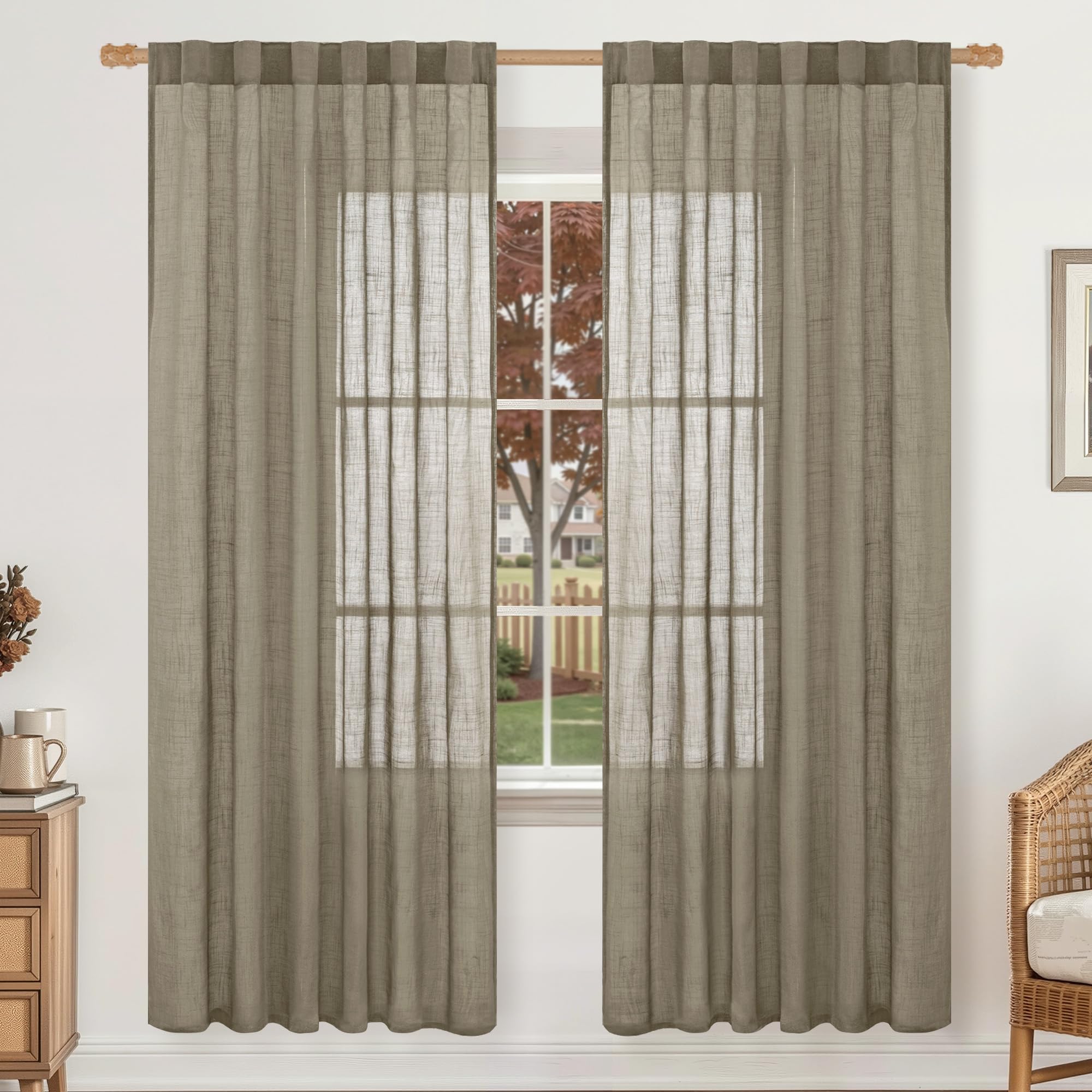 LAMIT Natural Linen Sheer Curtains 90 Inches Long 2 Panels, Long Light Filtering Window Treatments Back Tab and Rod Pocket Farmhouse Boho Panels for Living Room/Bedroom/Dining Room, 52 x 90 Inch