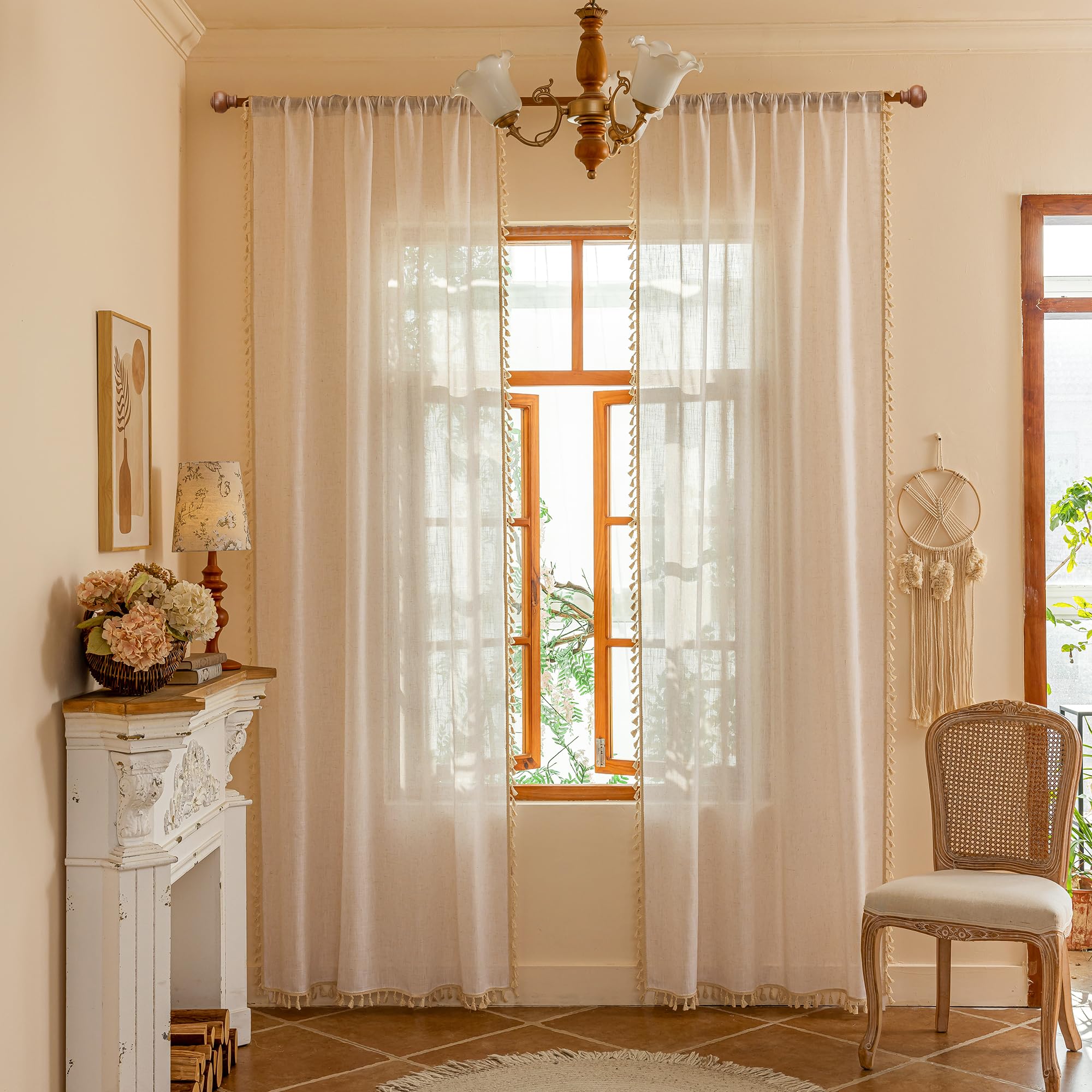 MYSKY HOME Country Curtains for Sliding Glass Door, Back Tab Semi Sheer Curtain Panels Extra Long Floor Length Drapes Linen Texture Soft Touch, 50x108 Inch, Linen, Set of 2