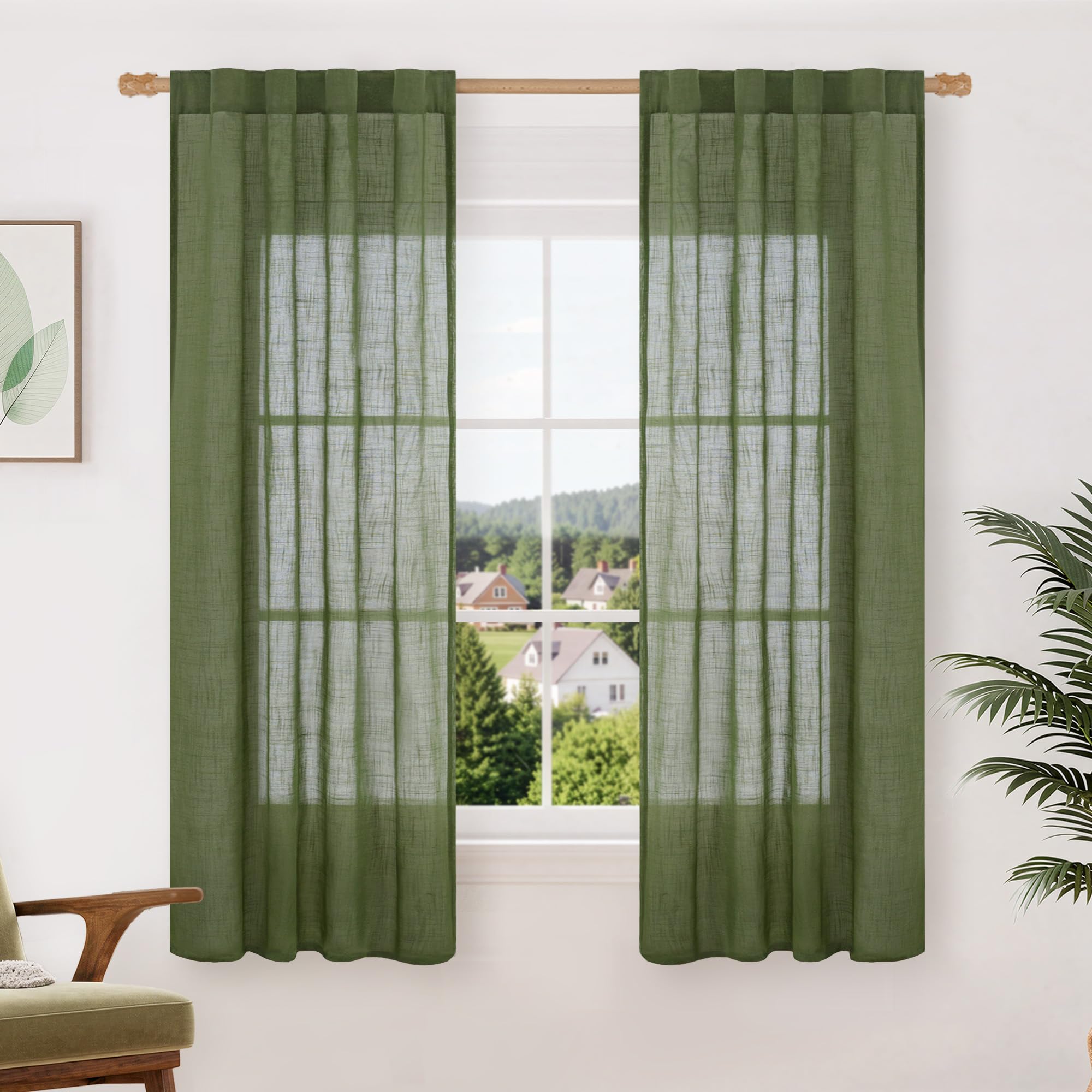 LAMIT Natural Linen Sheer Curtains 90 Inches Long 2 Panels, Long Light Filtering Window Treatments Back Tab and Rod Pocket Farmhouse Boho Panels for Living Room/Bedroom/Dining Room, 52 x 90 Inch