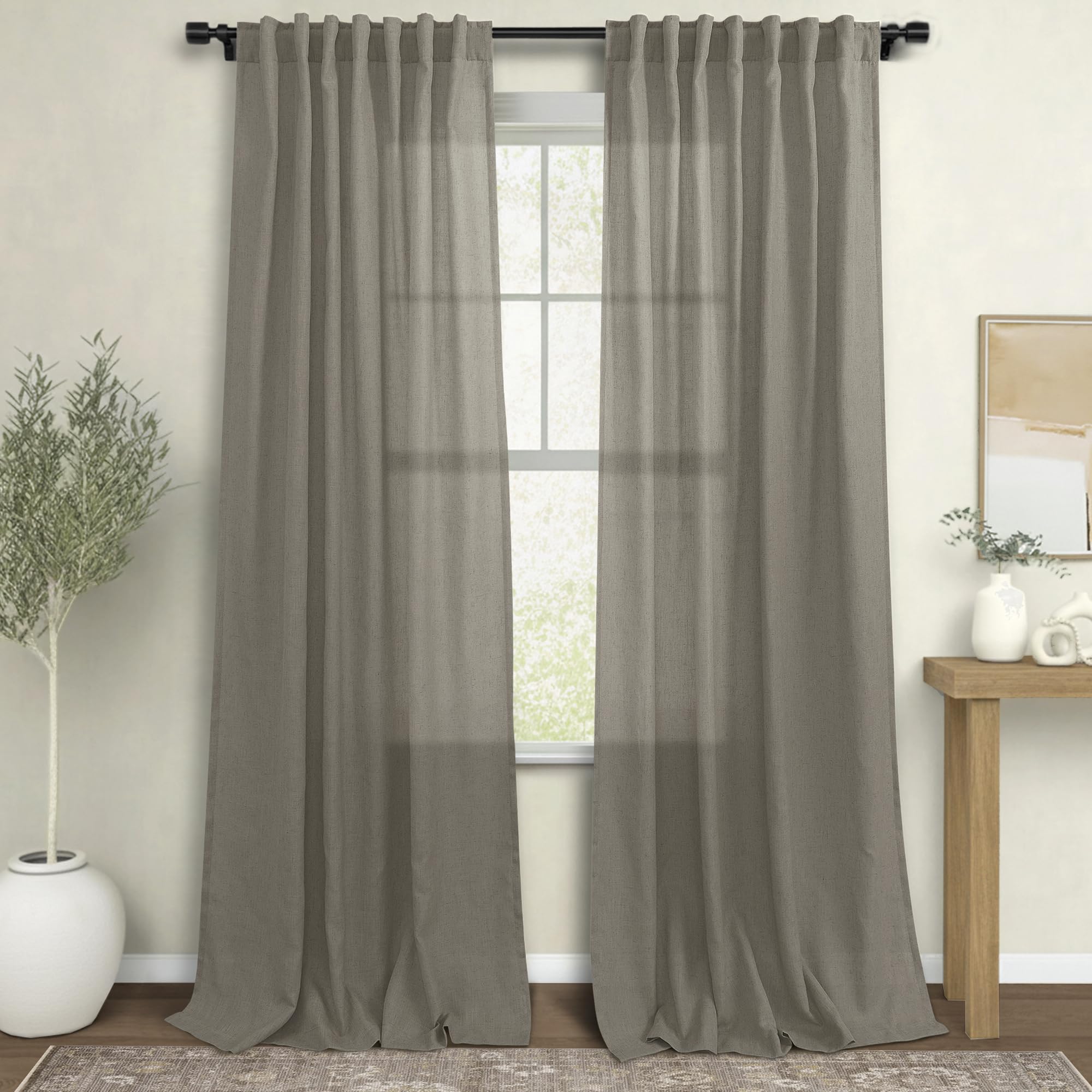 KOUFALL 92 Inch Curtains for Living Room 2 Panels Set,Light Filtering Farmhouse Boho Linen Semi Sheer Curtain Drapes 92 Inches Long for Bedroom,Cream Ivory