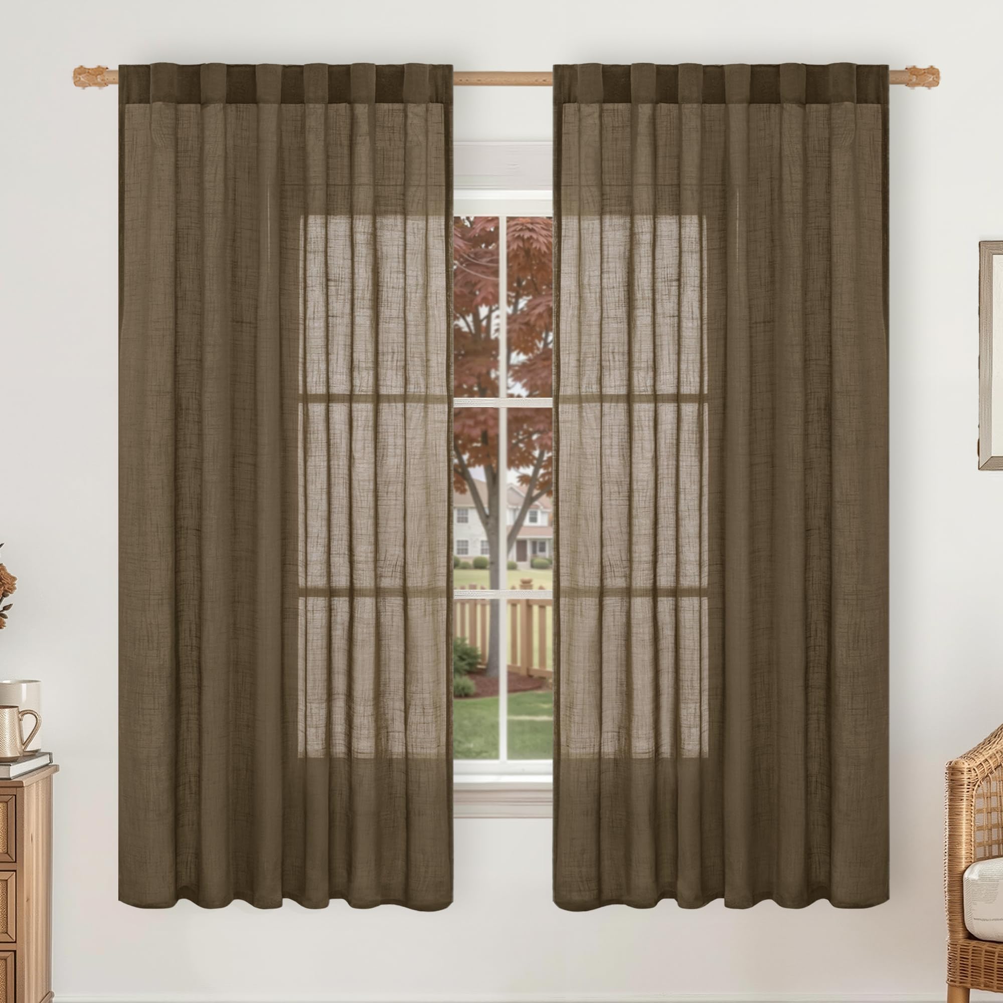 LAMIT Natural Linen Sheer Curtains 90 Inches Long 2 Panels, Long Light Filtering Window Treatments Back Tab and Rod Pocket Farmhouse Boho Panels for Living Room/Bedroom/Dining Room, 52 x 90 Inch