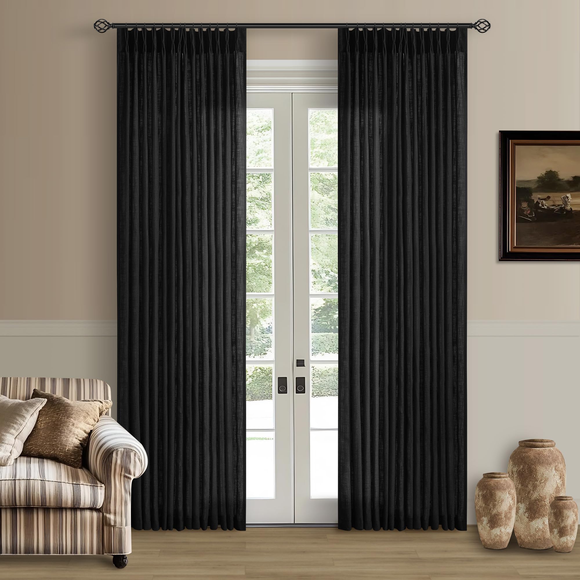 Natural Pinch Pleated Linen Curtains 84 Inch Length 2 Panels for Living Room Bedroom Textured Cream Ivory Birch Semi Sheer Boho Neutral Back Tab Pinch Pleat Hooks Rings Window Curtain 84 Inches Long