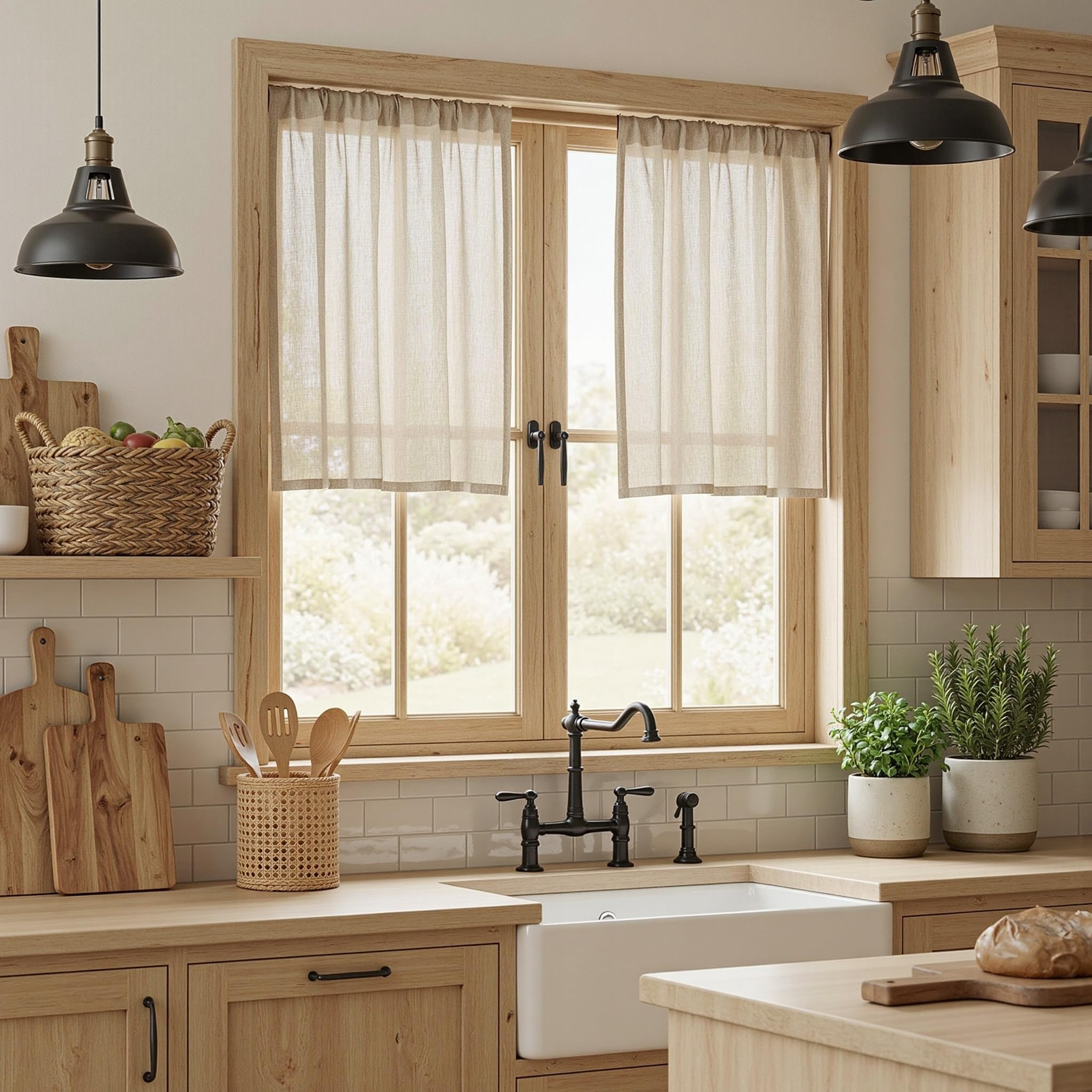 MYSKY HOME Country Curtains for Sliding Glass Door, Back Tab Semi Sheer Curtain Panels Extra Long Floor Length Drapes Linen Texture Soft Touch, 50x108 Inch, Linen, Set of 2