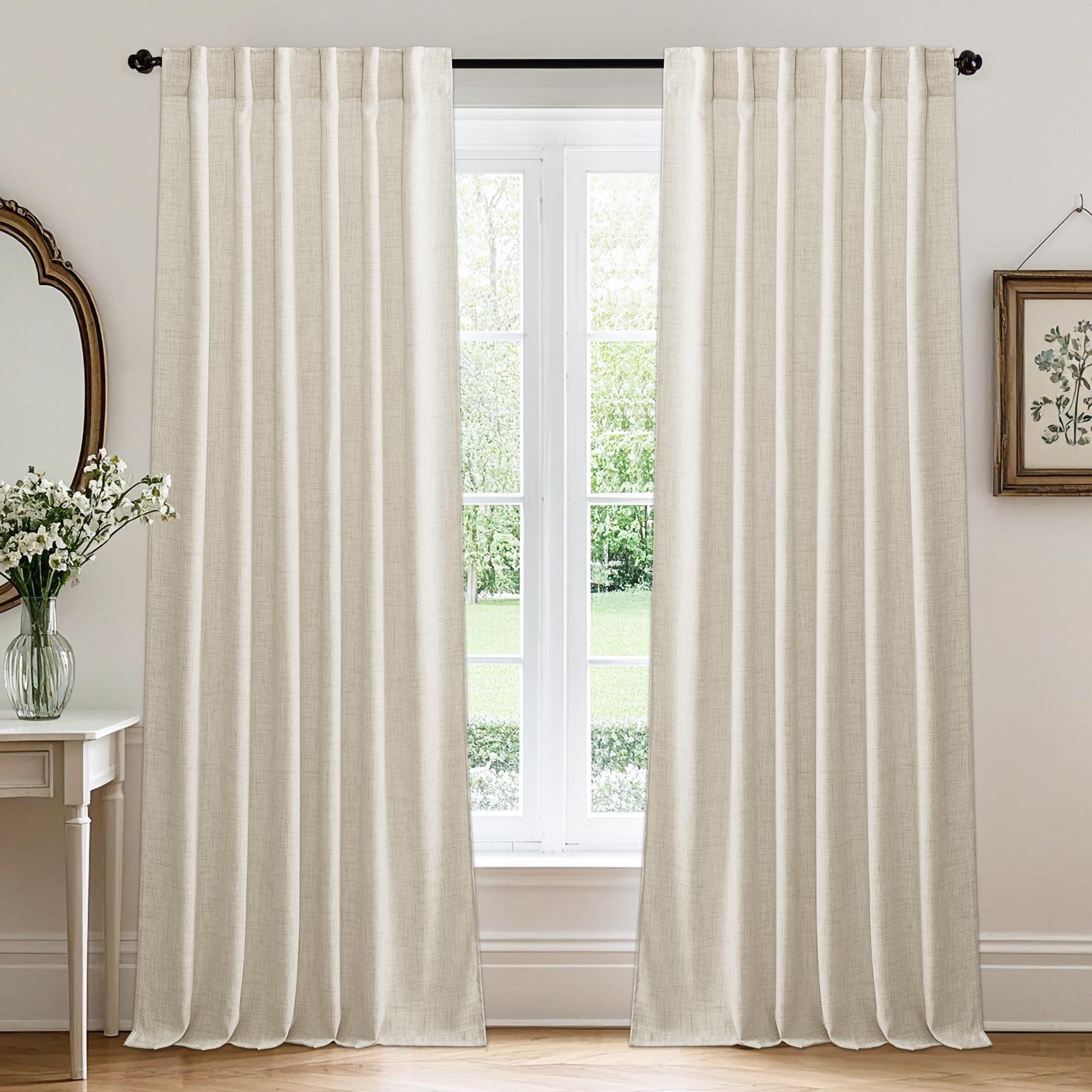 RYB HOME Semi Sheer Curtains 102 inches Long, Back Tab Light Filtration Half Privacy Window Curtains & Drapes for Bedroom Living Room, Linen, W 52 x L 102 inches, 2 Panels Set