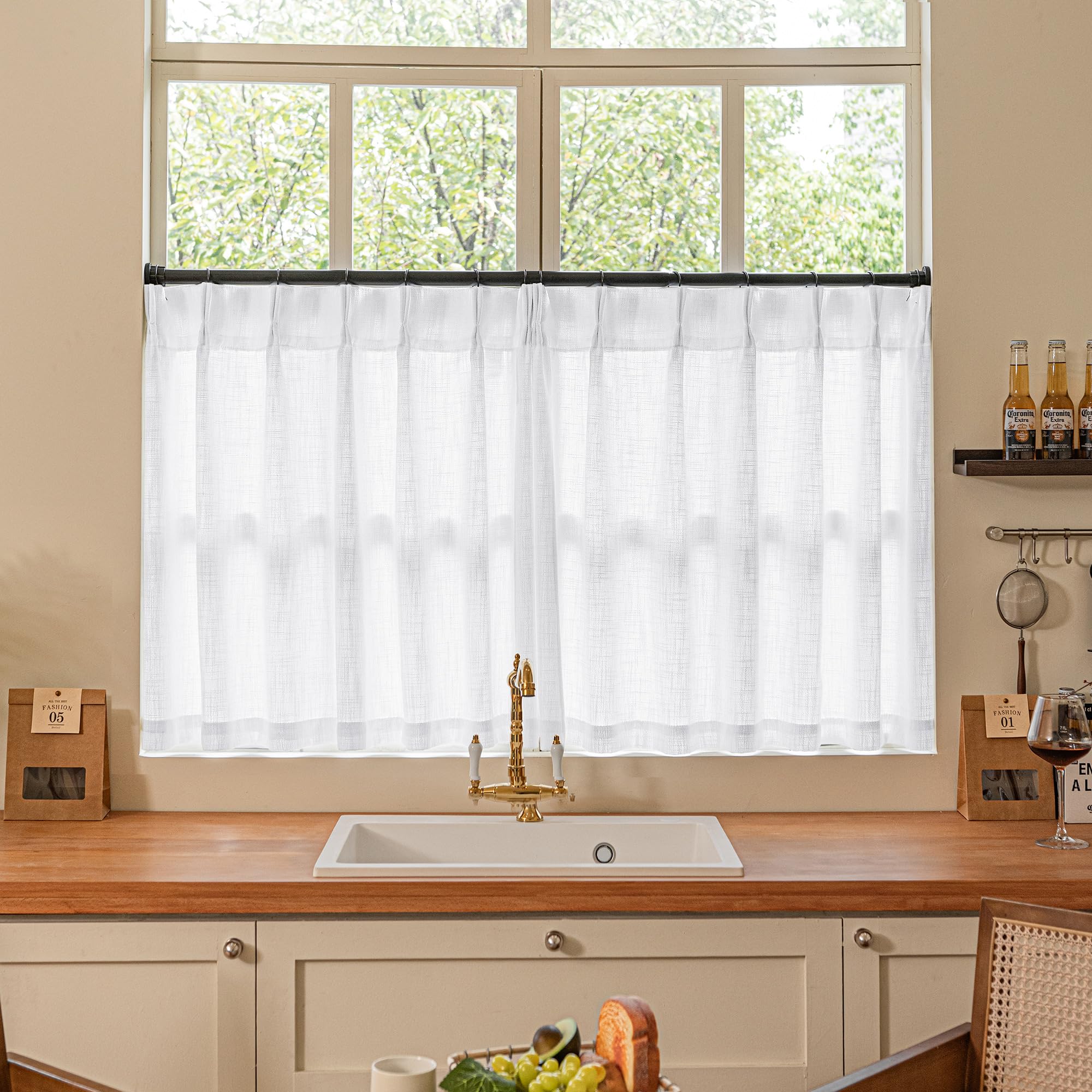 Natural Pinch Pleated Linen Curtains 84 Inch Length 2 Panels for Living Room Bedroom Textured Cream Ivory Birch Semi Sheer Boho Neutral Back Tab Pinch Pleat Hooks Rings Window Curtain 84 Inches Long