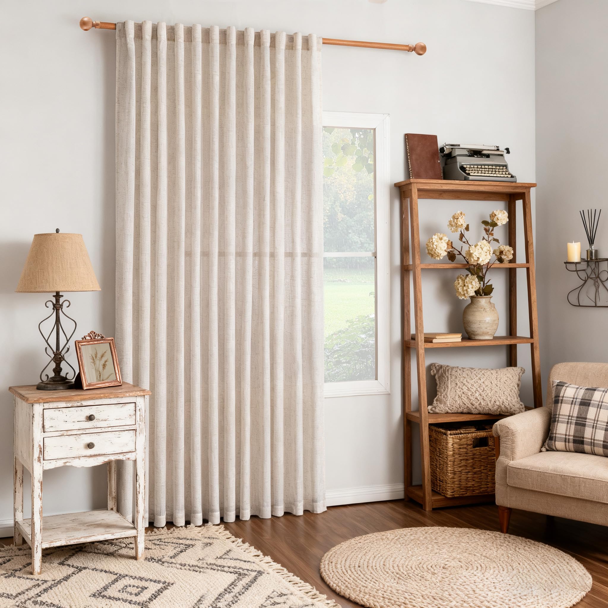 MYSKY HOME Country Curtains for Sliding Glass Door, Back Tab Semi Sheer Curtain Panels Extra Long Floor Length Drapes Linen Texture Soft Touch, 50x108 Inch, Linen, Set of 2