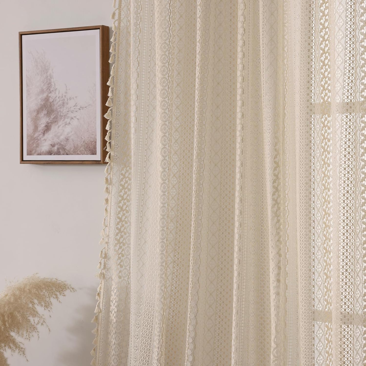 WAZZIO Boho Lace Curtains 108 Inch 2 Panel,Light Filtering Privacy Tassel & Geometry Crochet Semi Sheer Curtain Drapes for Bedroom Living Dining Room,Rod Pocket & Tassel,Vintage Farmhouse Decor,Beige