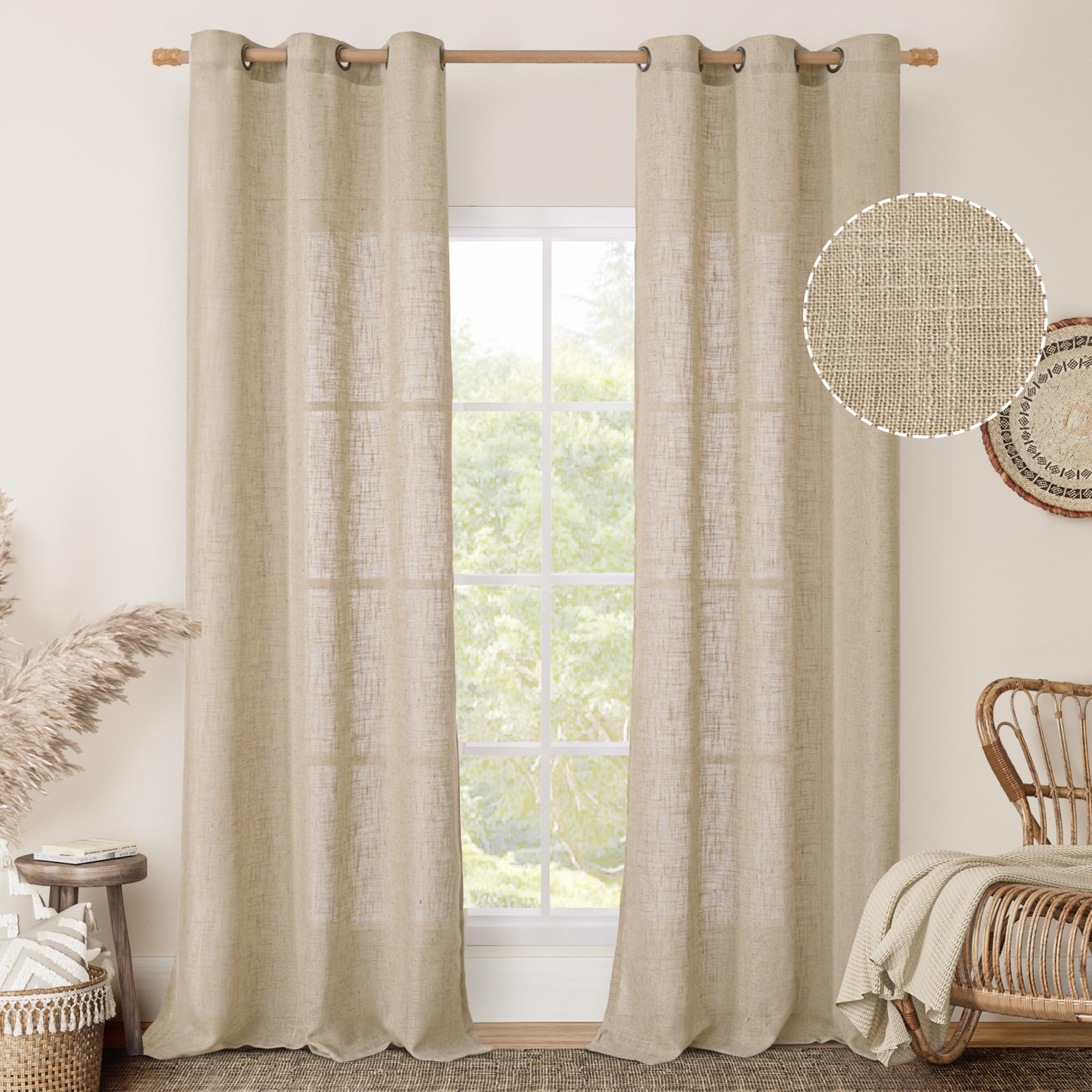 LAMIT Natural Cream Ivory Long Linen Curtains for Living Room, 108 inches Long Bronze Grommet Light Filtering Window Textured Neutral Sheer Drapes for Bedroom Farmhouse, 2 Panels, 52 x 108 Inch