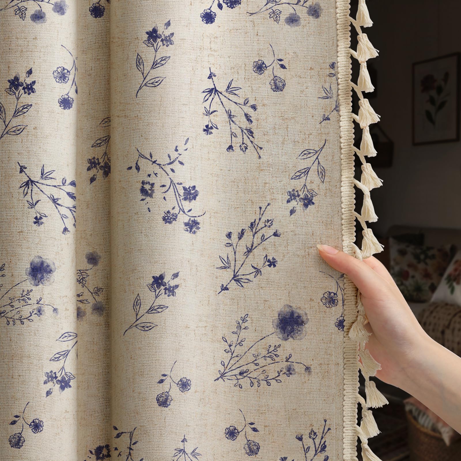 Boho Floral Spring Semi Sheer Curtains 84 Inch Length 2 Panels Set, Linen Texture Farmhouse Light Filtering Curtains Beige Tassel for Bedroom Living Room Vintage Rustic Patterned Printed Rod Pocket