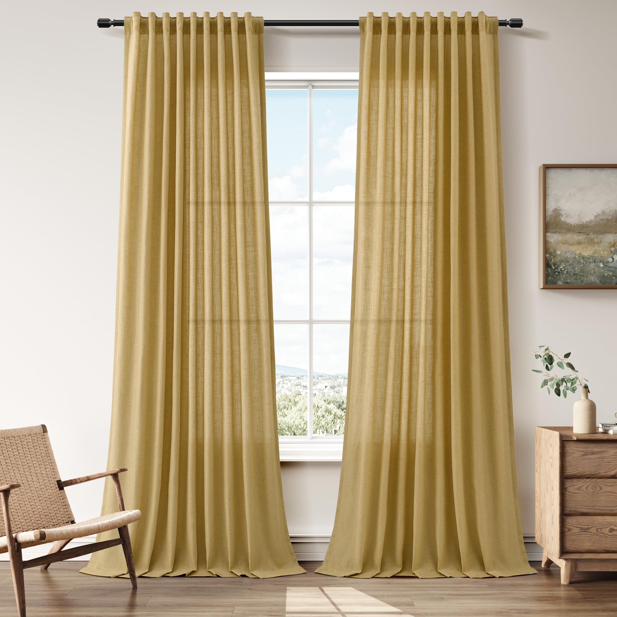 Nanspring Linen Curtains 80 Inches Long for Living Room Semi Sheer Light Filtering Curtain Back Tab Neutral Boho Modern Farmhouse Window Drapes for Bedroom 52x80 2 Panels Cream Ivory Beige Natural