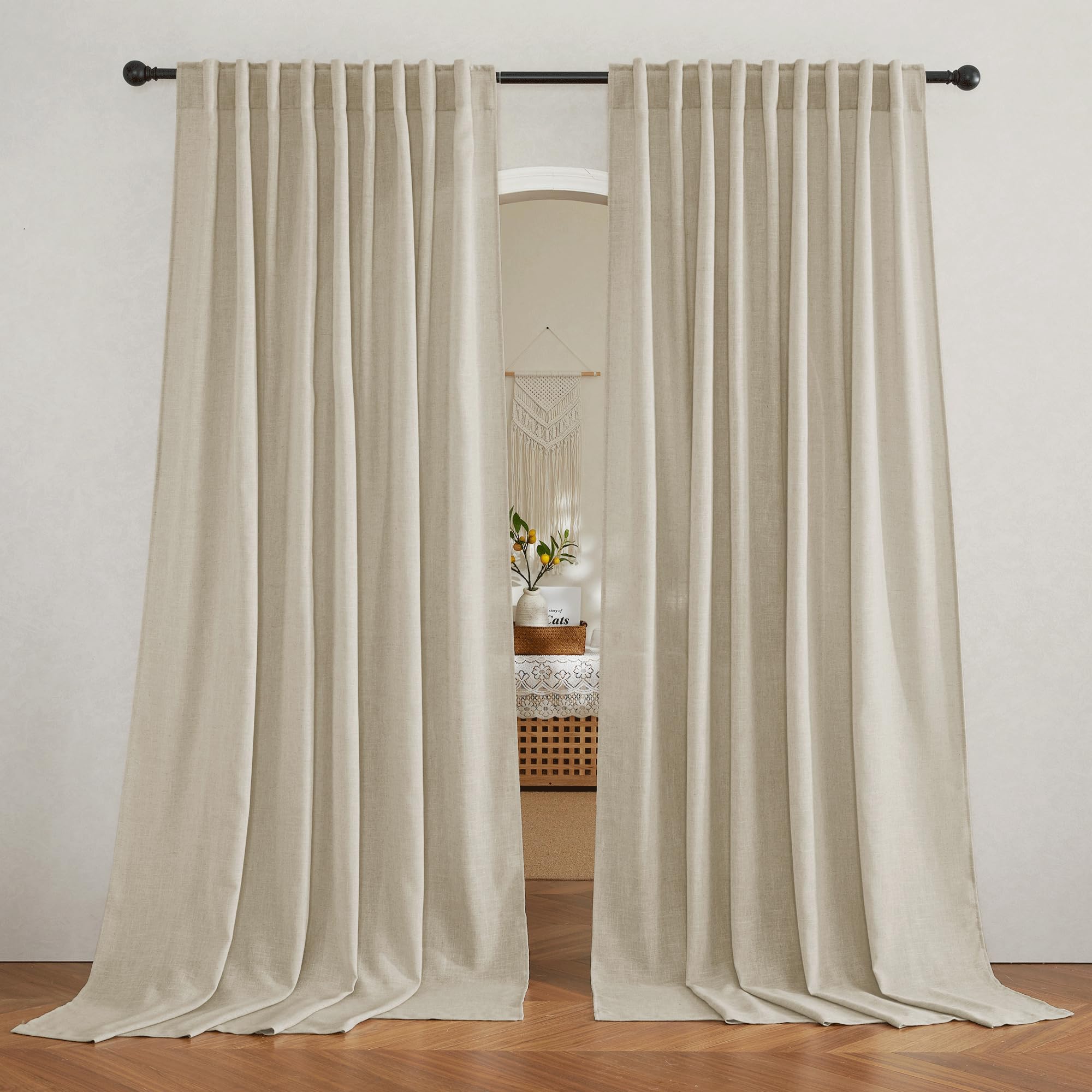 RYB HOME Semi Sheer Curtains 102 inches Long, Back Tab Light Filtration Half Privacy Window Curtains & Drapes for Bedroom Living Room, Linen, W 52 x L 102 inches, 2 Panels Set