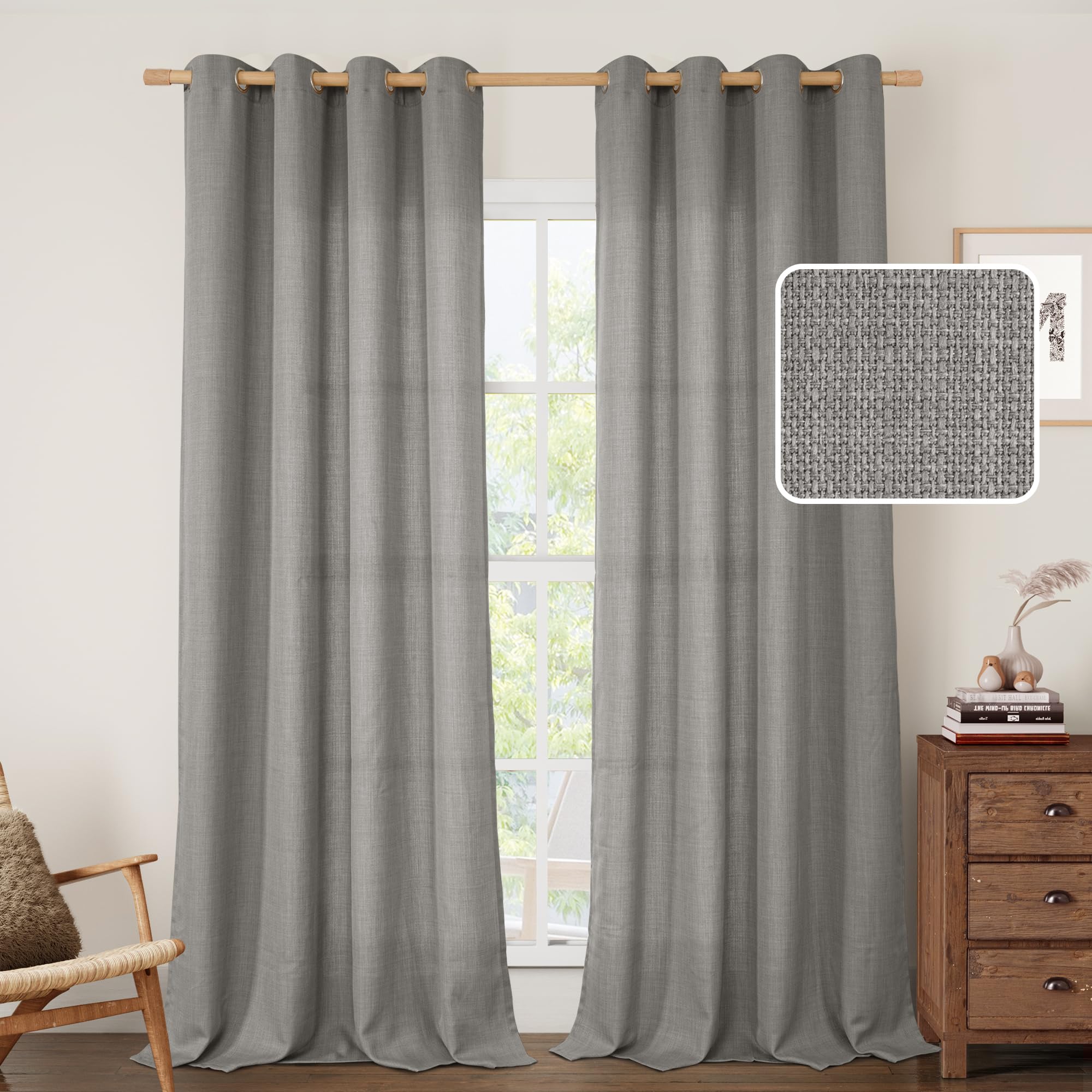 LAMIT Natural Cream Ivory Long Linen Curtains for Living Room, 108 inches Long Bronze Grommet Light Filtering Window Textured Neutral Sheer Drapes for Bedroom Farmhouse, 2 Panels, 52 x 108 Inch