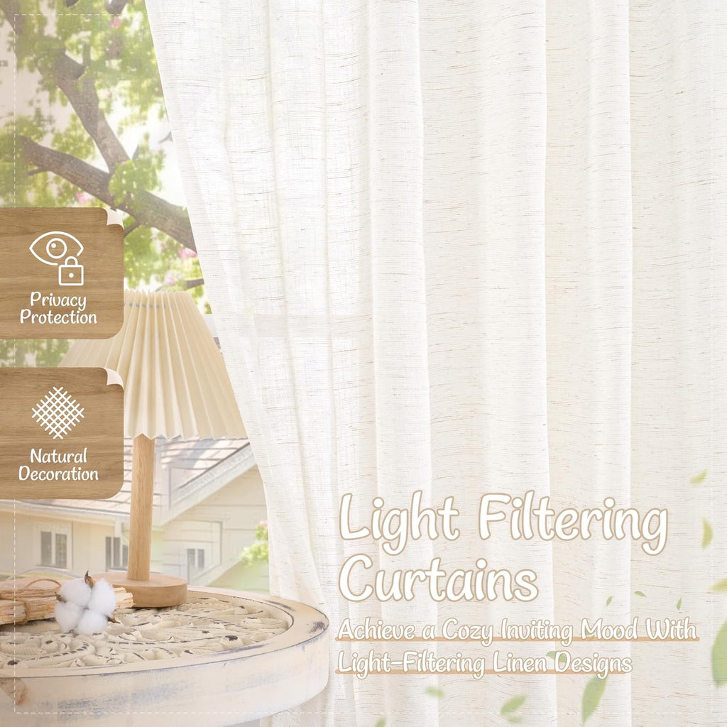 LAMIT Natural Linen Sheer Curtains 90 Inches Long 2 Panels, Long Light Filtering Window Treatments Back Tab and Rod Pocket Farmhouse Boho Panels for Living Room/Bedroom/Dining Room, 52 x 90 Inch