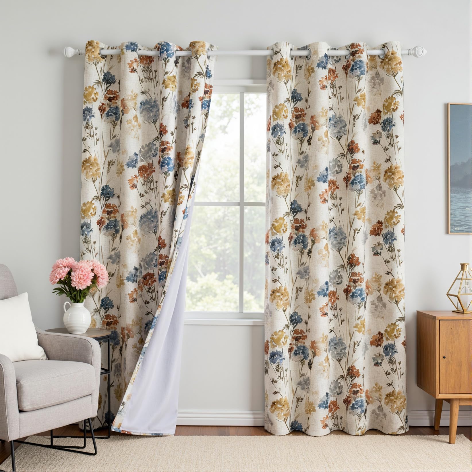 MYSKY HOME Sage Green Floral Linen Spring Curtains 84 inch Long 2 Panels Set Semi Sheer Light Filtering Farmhouse Flower Pattern Grommet Top for Living Room Bedroom, 52" W Each Panel