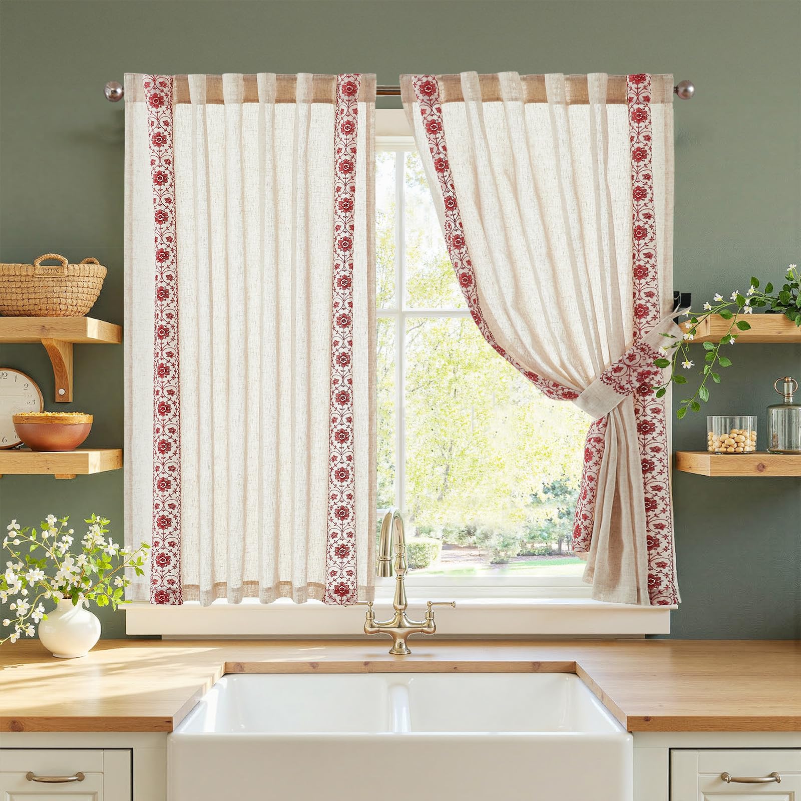 jinchan Weslie Beige Floral Sheer Curtains for Living Room 84 Inch Long Embroidered Voile Farmhouse Linen Curtains for Bedroom Ivory Flower Patterned Cottage Core Window Drapes 2 Panels Ivory on Beige