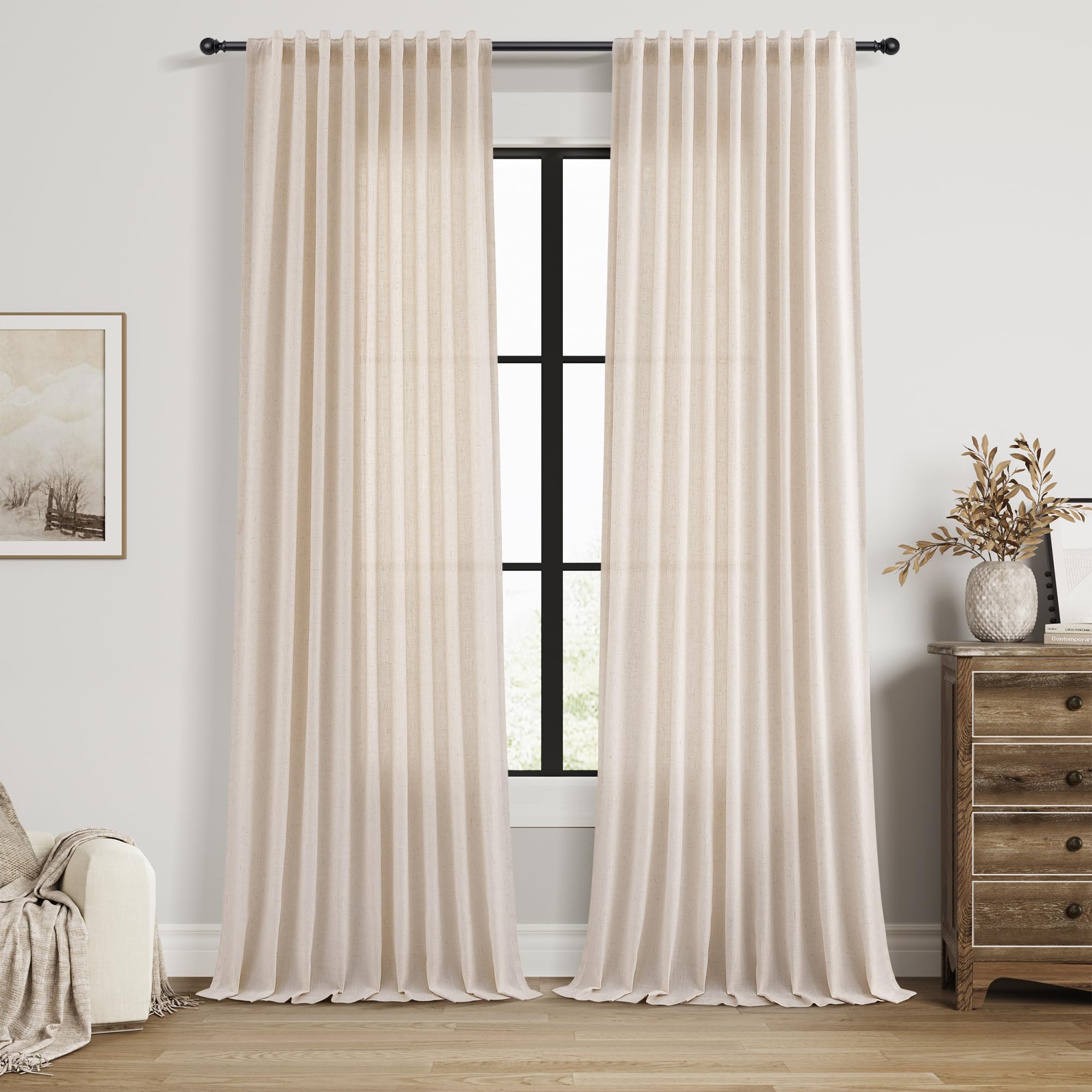 Nanspring Linen Curtains 80 Inches Long for Living Room Semi Sheer Light Filtering Curtain Back Tab Neutral Boho Modern Farmhouse Window Drapes for Bedroom 52x80 2 Panels Cream Ivory Beige Natural