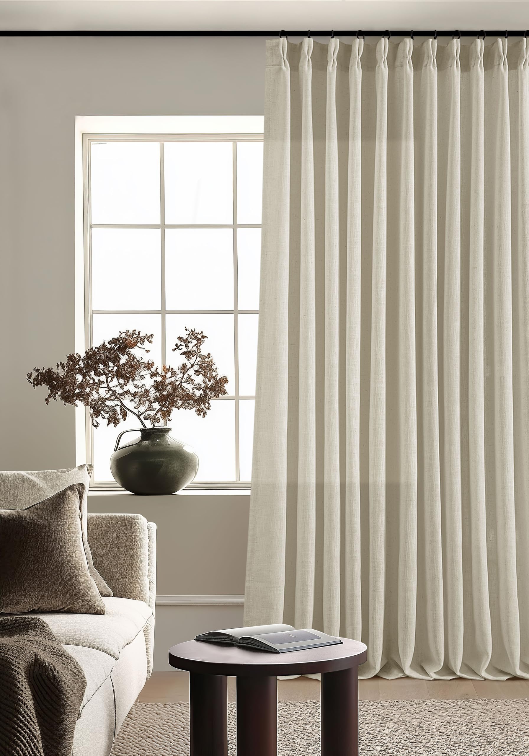 Natural Pinch Pleated Linen Curtains 84 Inch Length 2 Panels for Living Room Bedroom Textured Cream Ivory Birch Semi Sheer Boho Neutral Back Tab Pinch Pleat Hooks Rings Window Curtain 84 Inches Long