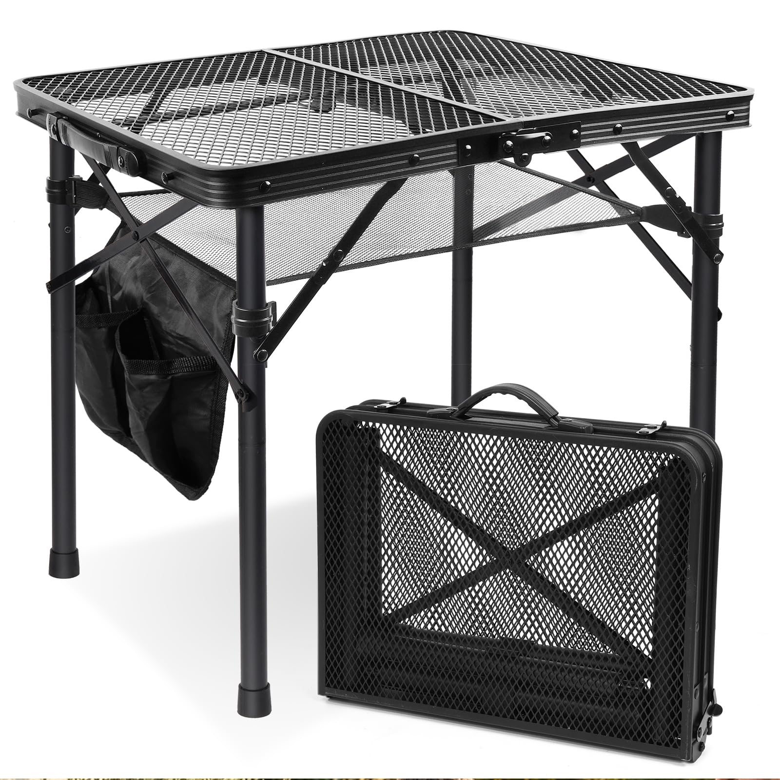 2Ft Small Folding Table with Carry Handle, Camping Table Adjustable Height 10.6–22 in, Black Metal Mesh, Portable & Compact for Outdoor/Indoor,Grill Table, 23.6×15.8 in, 4 lb, 66 lb Capacity