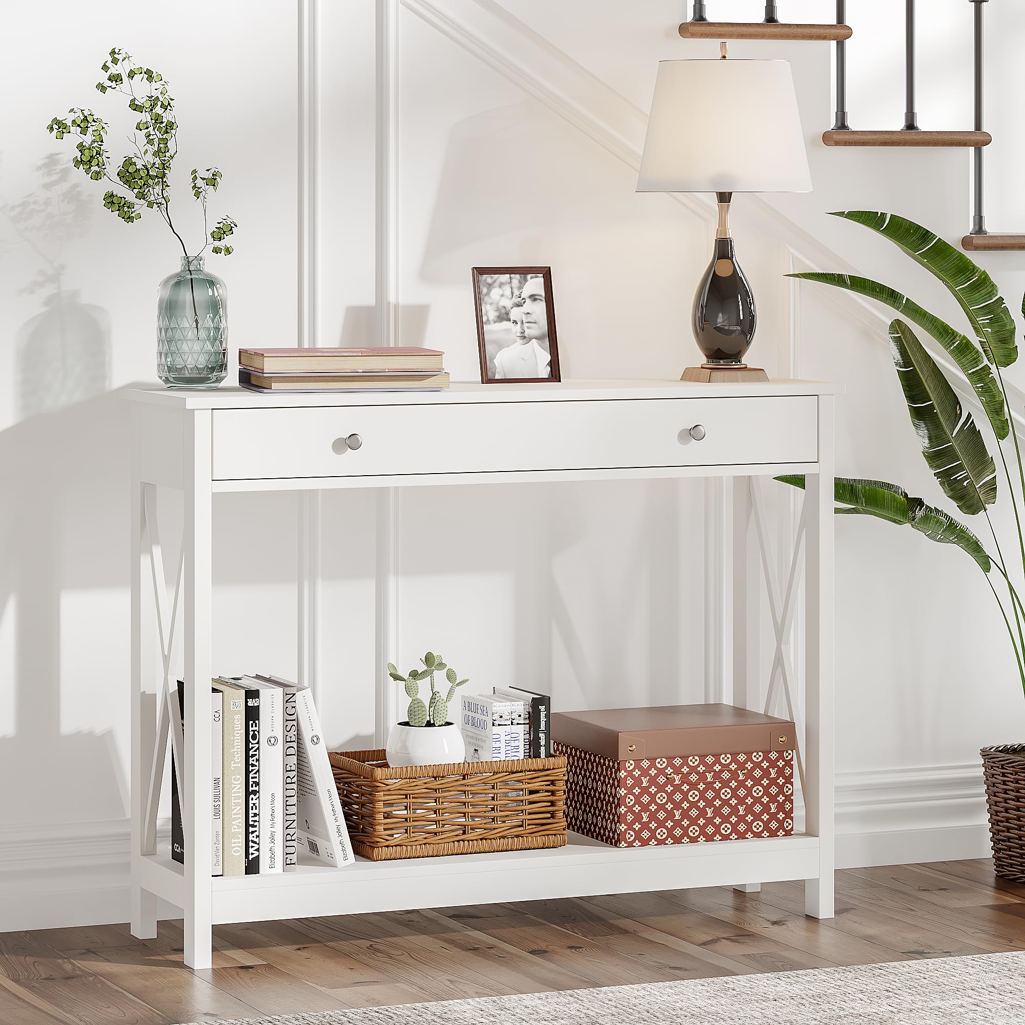 Treocho Black Console Table with Drawer and Storage Shelves, Foyer Sofa Table Narrow for Entryway, Living Room, Hallway