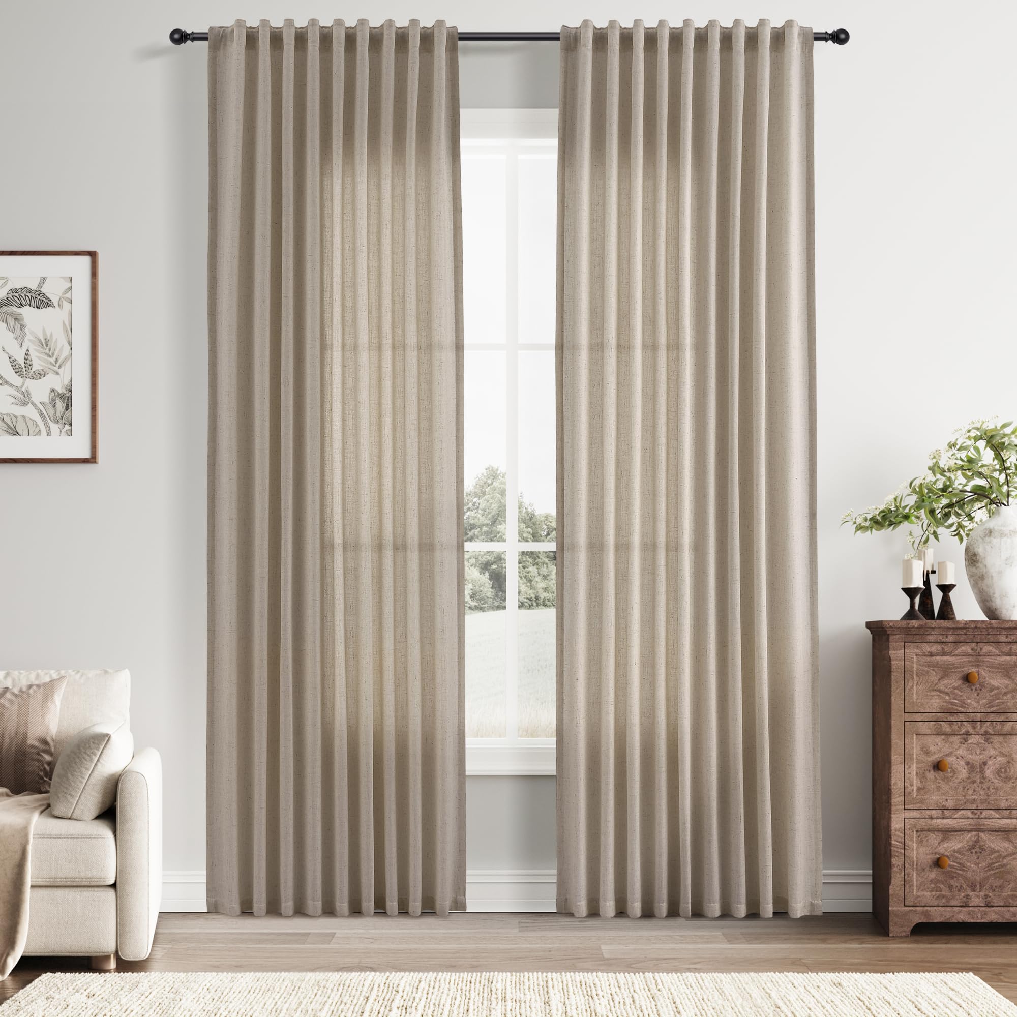 Nanspring Linen Curtains 80 Inches Long for Living Room Semi Sheer Light Filtering Curtain Back Tab Neutral Boho Modern Farmhouse Window Drapes for Bedroom 52x80 2 Panels Cream Ivory Beige Natural
