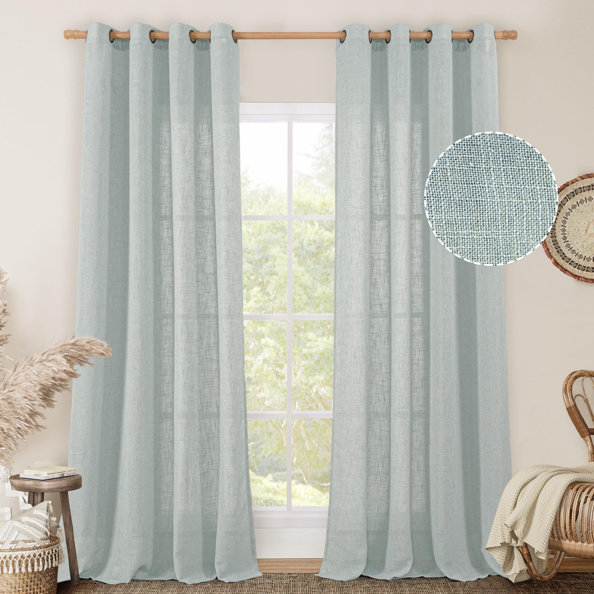 LAMIT Natural Cream Ivory Long Linen Curtains for Living Room, 108 inches Long Bronze Grommet Light Filtering Window Textured Neutral Sheer Drapes for Bedroom Farmhouse, 2 Panels, 52 x 108 Inch