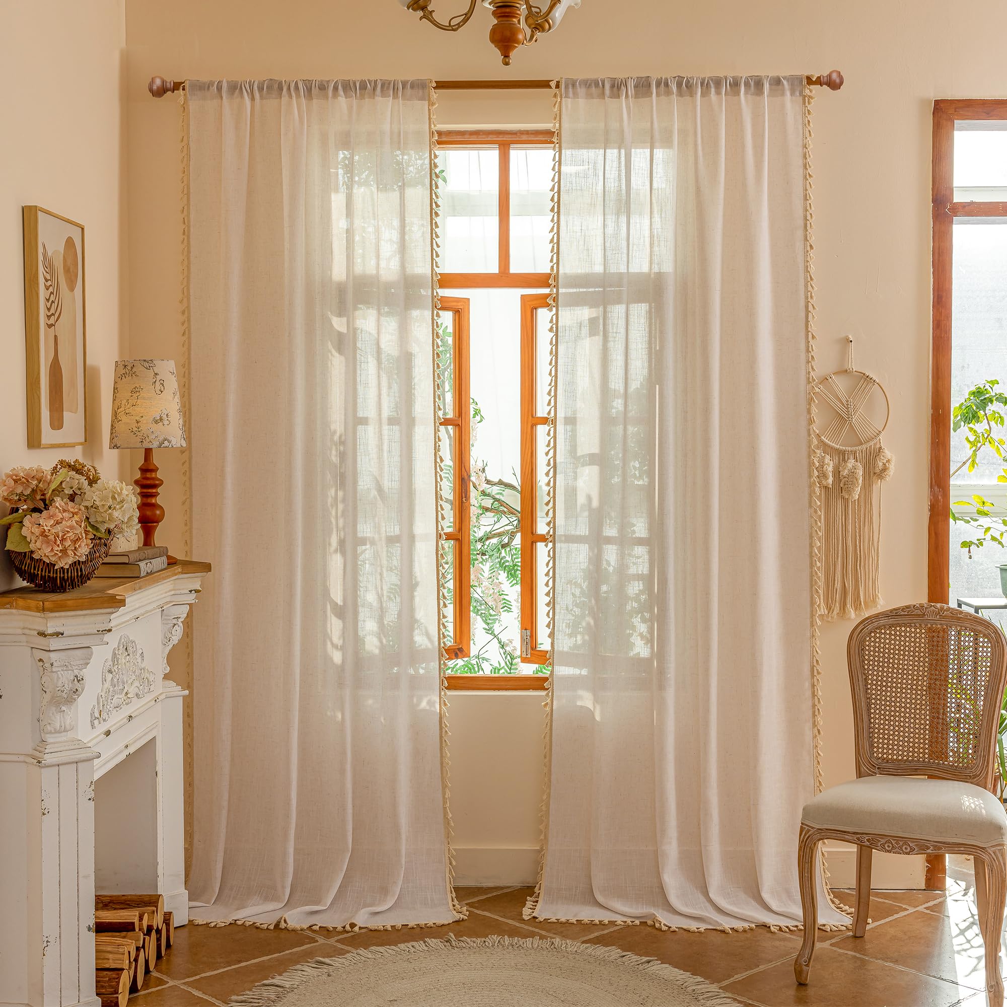 MYSKY HOME Country Curtains for Sliding Glass Door, Back Tab Semi Sheer Curtain Panels Extra Long Floor Length Drapes Linen Texture Soft Touch, 50x108 Inch, Linen, Set of 2