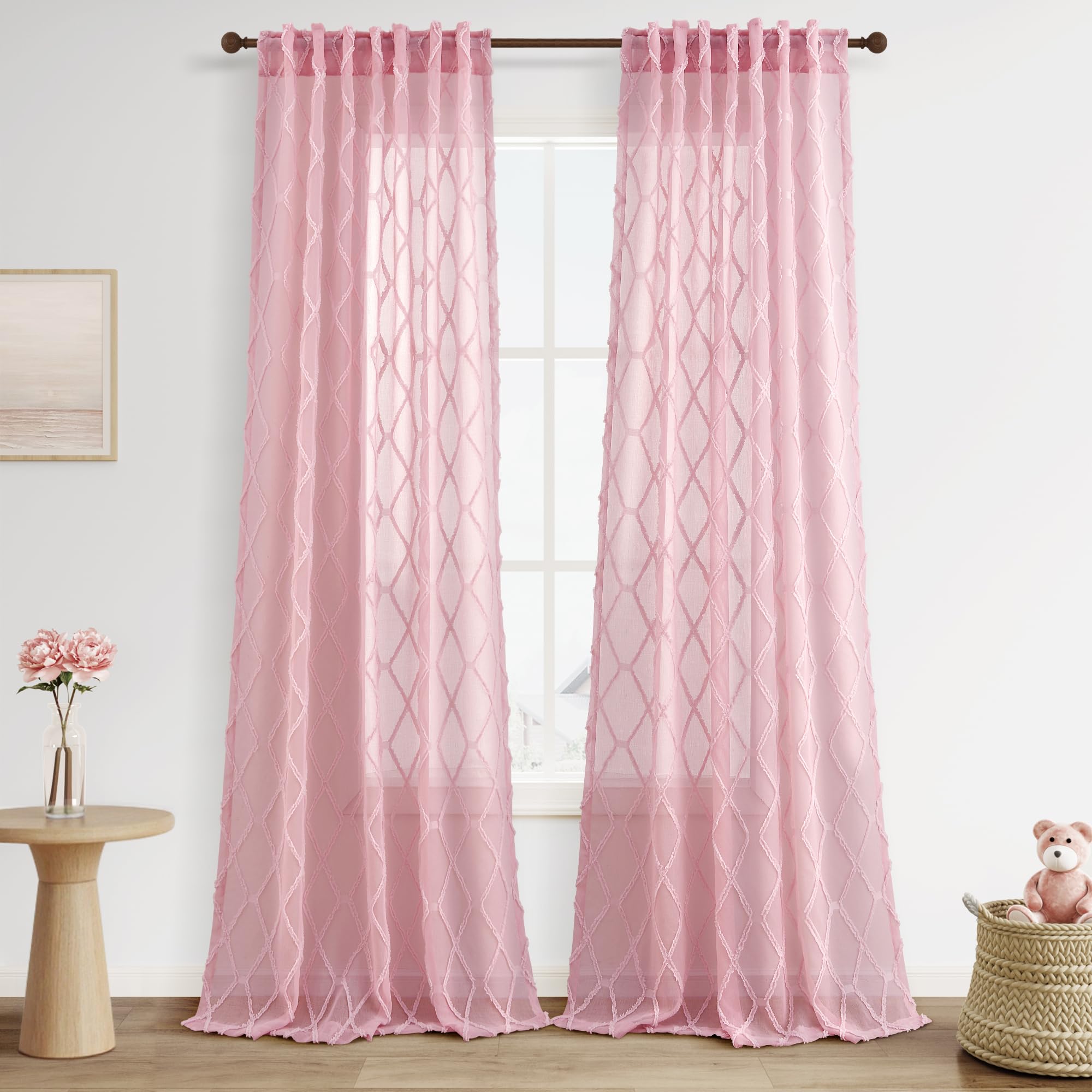 108" Beige Linen Sheer Curtains, 2 Panels, Tuft Pattern for Living Room & Bedroom