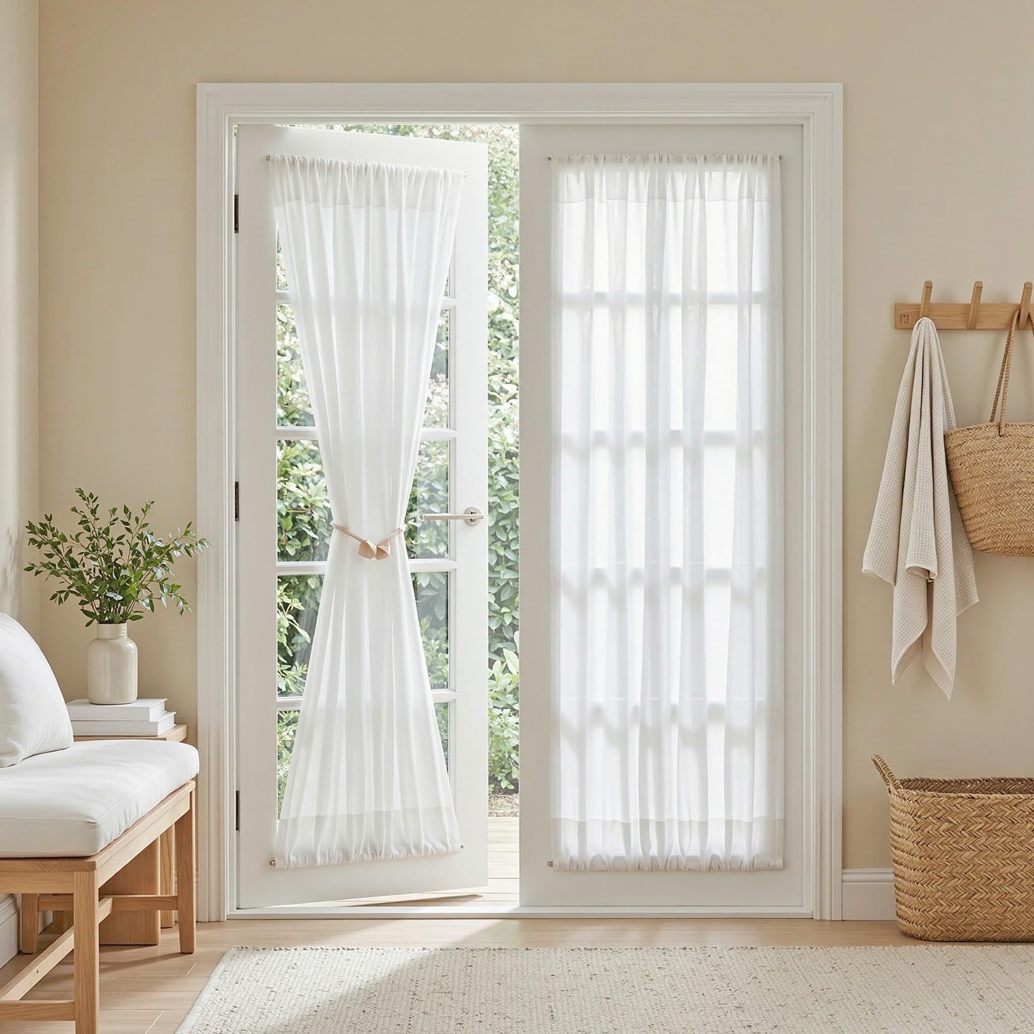 MYSKY HOME Country Curtains for Sliding Glass Door, Back Tab Semi Sheer Curtain Panels Extra Long Floor Length Drapes Linen Texture Soft Touch, 50x108 Inch, Linen, Set of 2