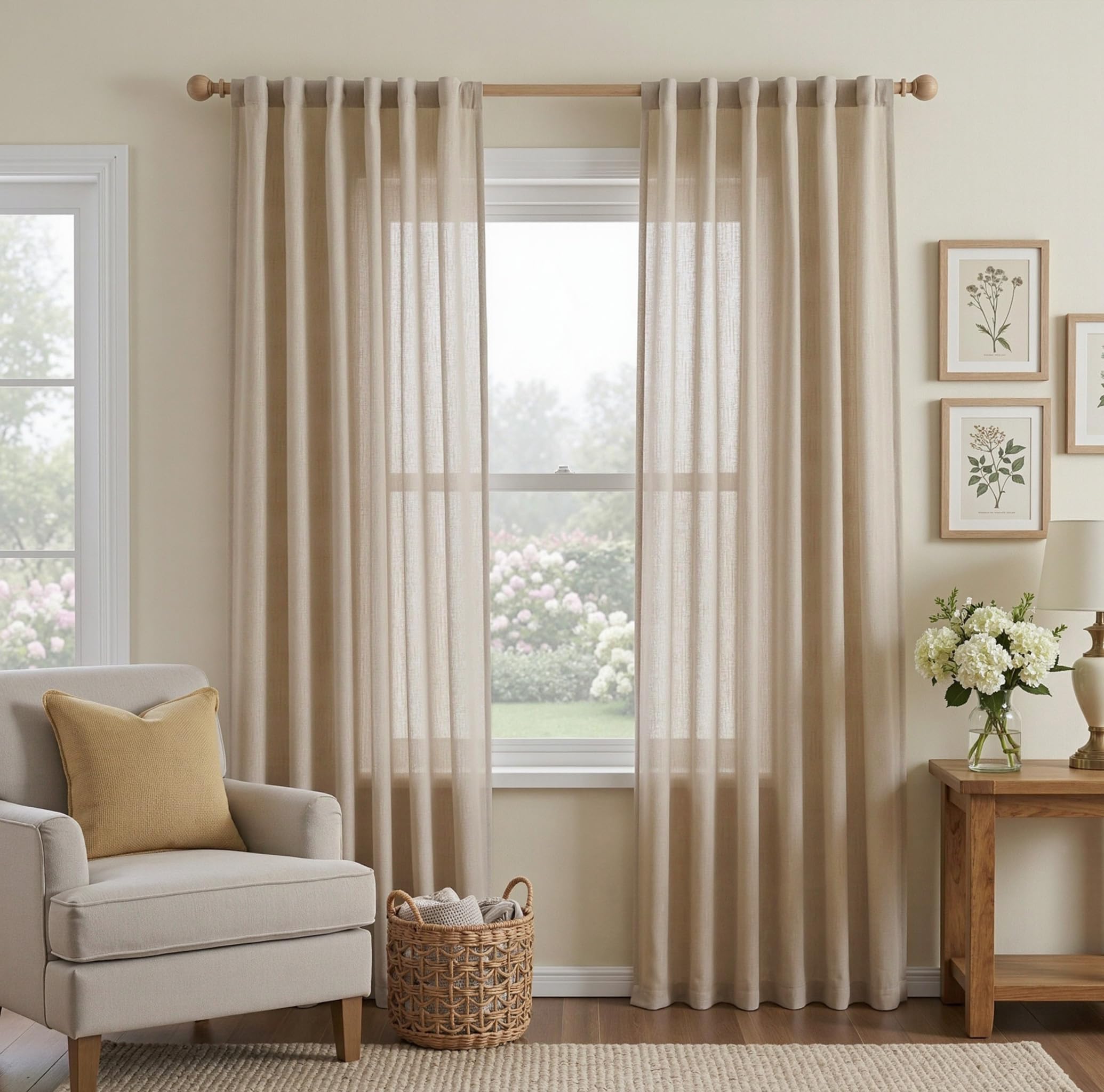 MYSKY HOME Country Curtains for Sliding Glass Door, Back Tab Semi Sheer Curtain Panels Extra Long Floor Length Drapes Linen Texture Soft Touch, 50x108 Inch, Linen, Set of 2