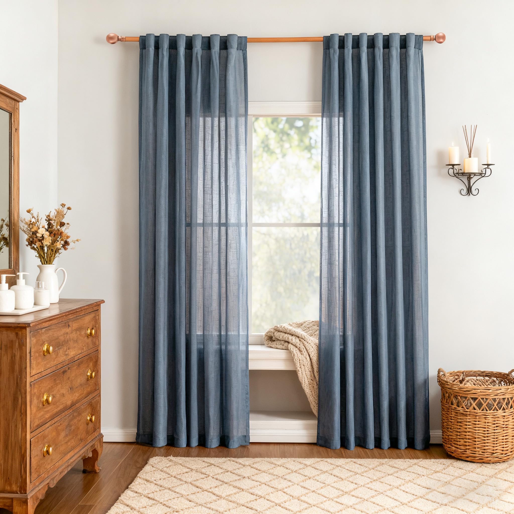 MYSKY HOME Country Curtains for Sliding Glass Door, Back Tab Semi Sheer Curtain Panels Extra Long Floor Length Drapes Linen Texture Soft Touch, 50x108 Inch, Linen, Set of 2