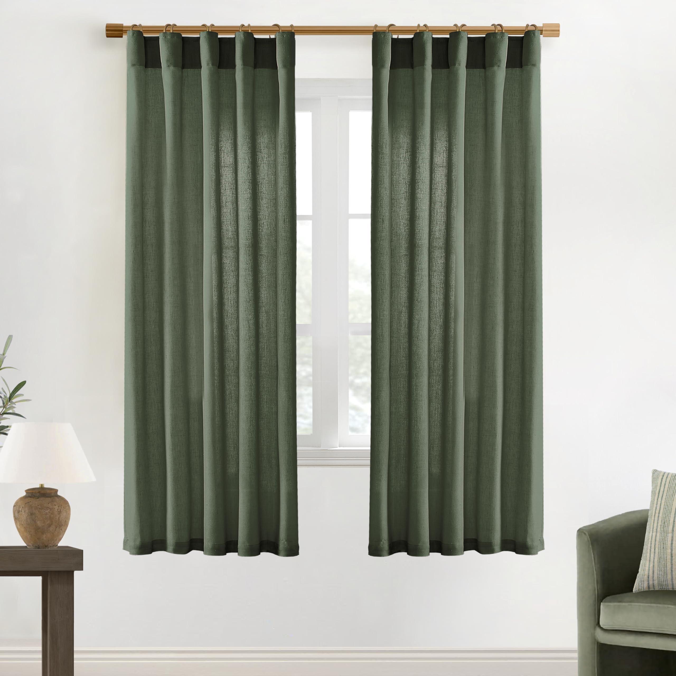 XTMYI 90 Inches Long Sheer Linen Curtains 2 Panels Set,Hook Tape Back Tab Semi Sheer Cotton Blend Fabric Modern Cottage Core Cottagecore Curtain Drapes for Living Room Bedroom,50x90 in Length