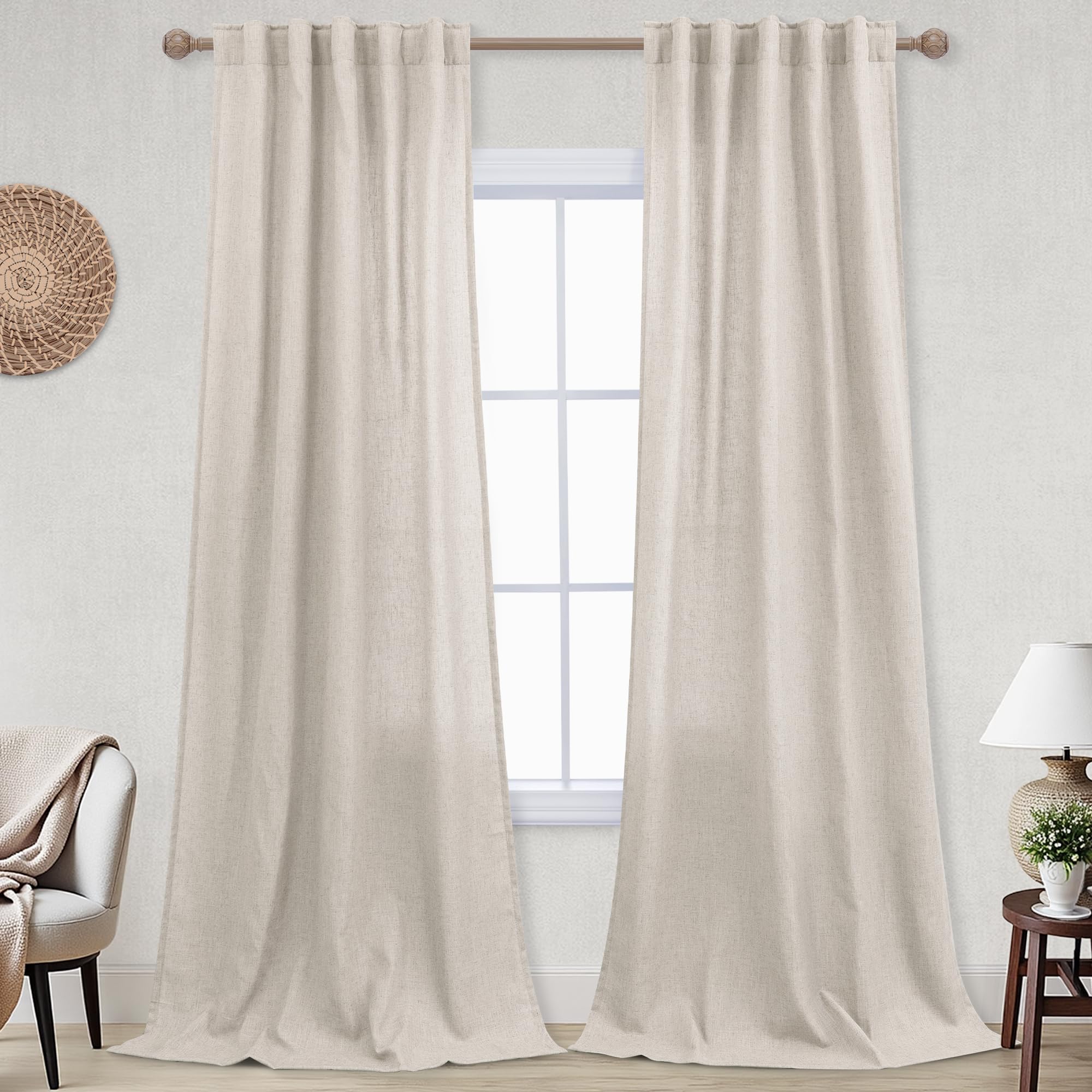 KOUFALL 92 Inch Curtains for Living Room 2 Panels Set,Light Filtering Farmhouse Boho Linen Semi Sheer Curtain Drapes 92 Inches Long for Bedroom,Cream Ivory