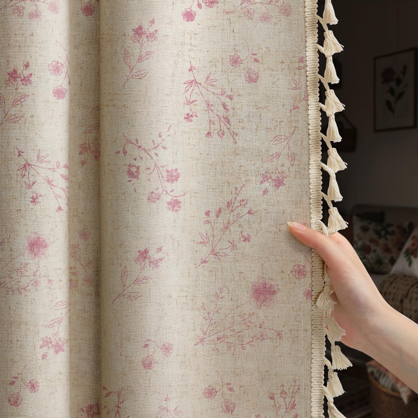 Boho Floral Spring Semi Sheer Curtains 84 Inch Length 2 Panels Set, Linen Texture Farmhouse Light Filtering Curtains Beige Tassel for Bedroom Living Room Vintage Rustic Patterned Printed Rod Pocket