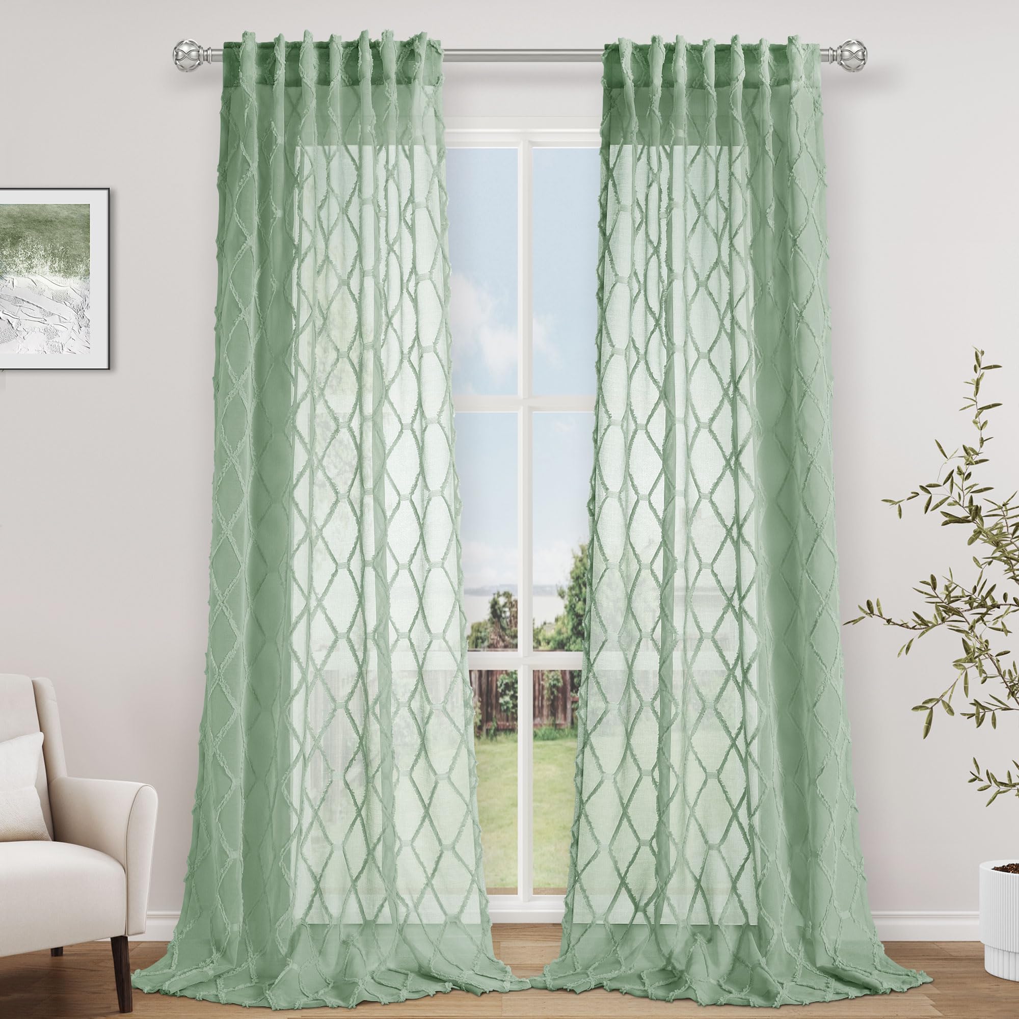 108" Beige Linen Sheer Curtains, 2 Panels, Tuft Pattern for Living Room & Bedroom