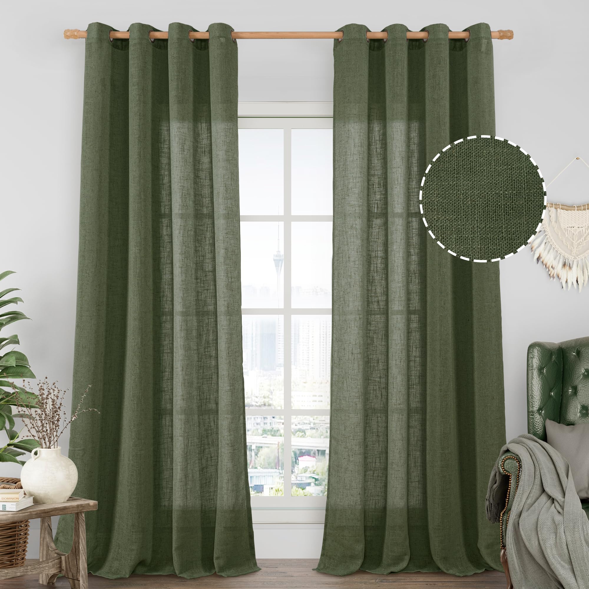 LAMIT Natural Cream Ivory Long Linen Curtains for Living Room, 108 inches Long Bronze Grommet Light Filtering Window Textured Neutral Sheer Drapes for Bedroom Farmhouse, 2 Panels, 52 x 108 Inch