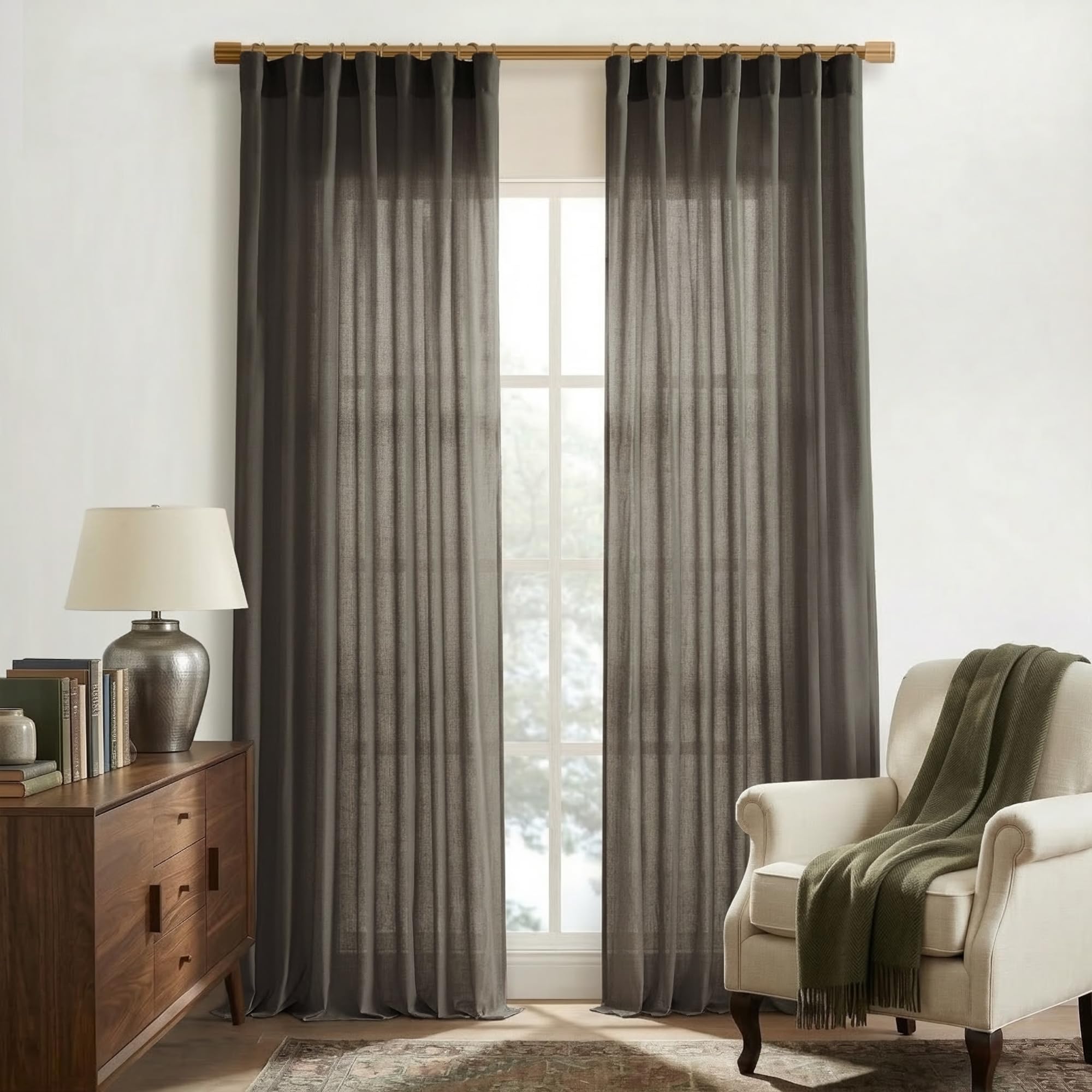 XTMYI 90 Inches Long Sheer Linen Curtains 2 Panels Set,Hook Tape Back Tab Semi Sheer Cotton Blend Fabric Modern Cottage Core Cottagecore Curtain Drapes for Living Room Bedroom,50x90 in Length