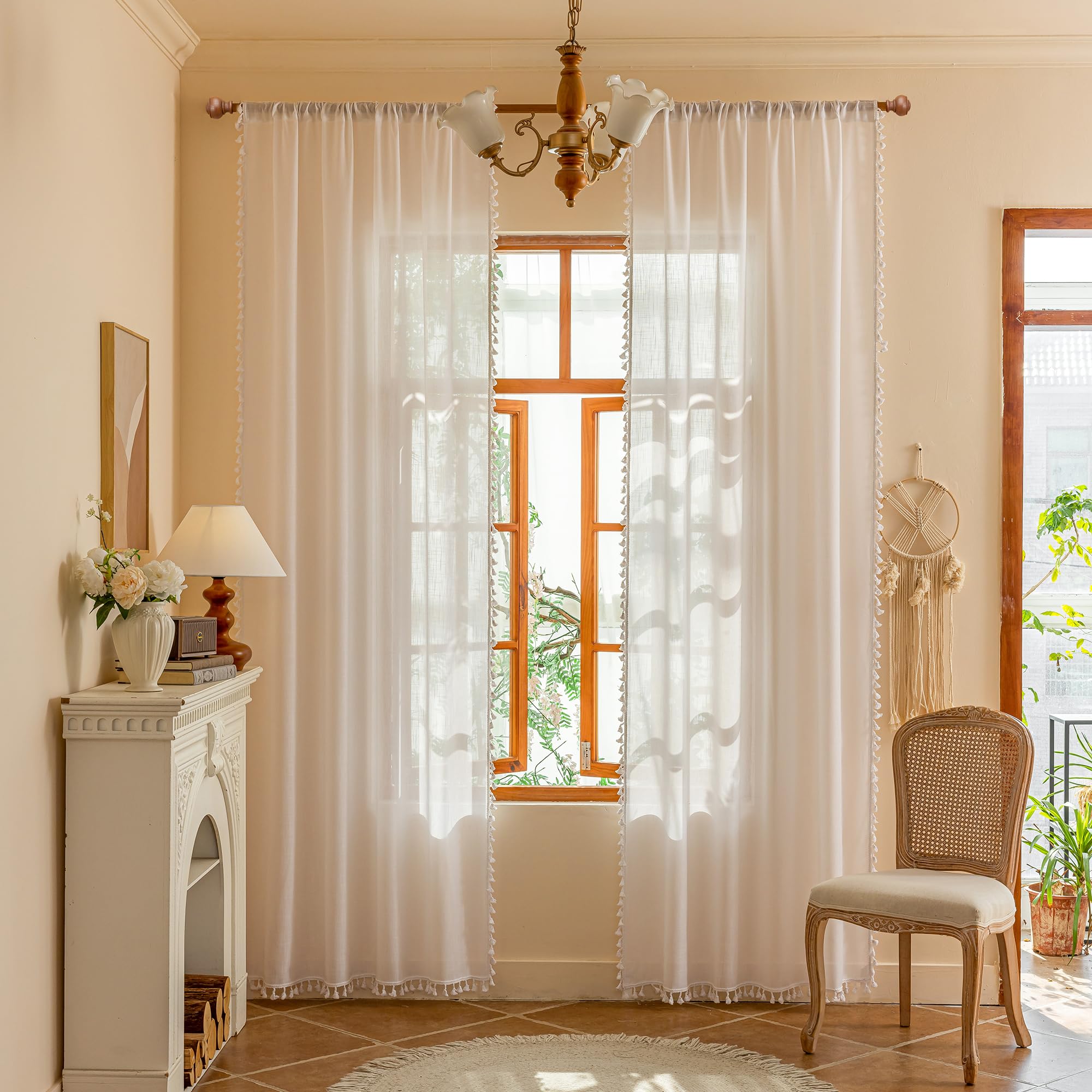 MYSKY HOME Country Curtains for Sliding Glass Door, Back Tab Semi Sheer Curtain Panels Extra Long Floor Length Drapes Linen Texture Soft Touch, 50x108 Inch, Linen, Set of 2