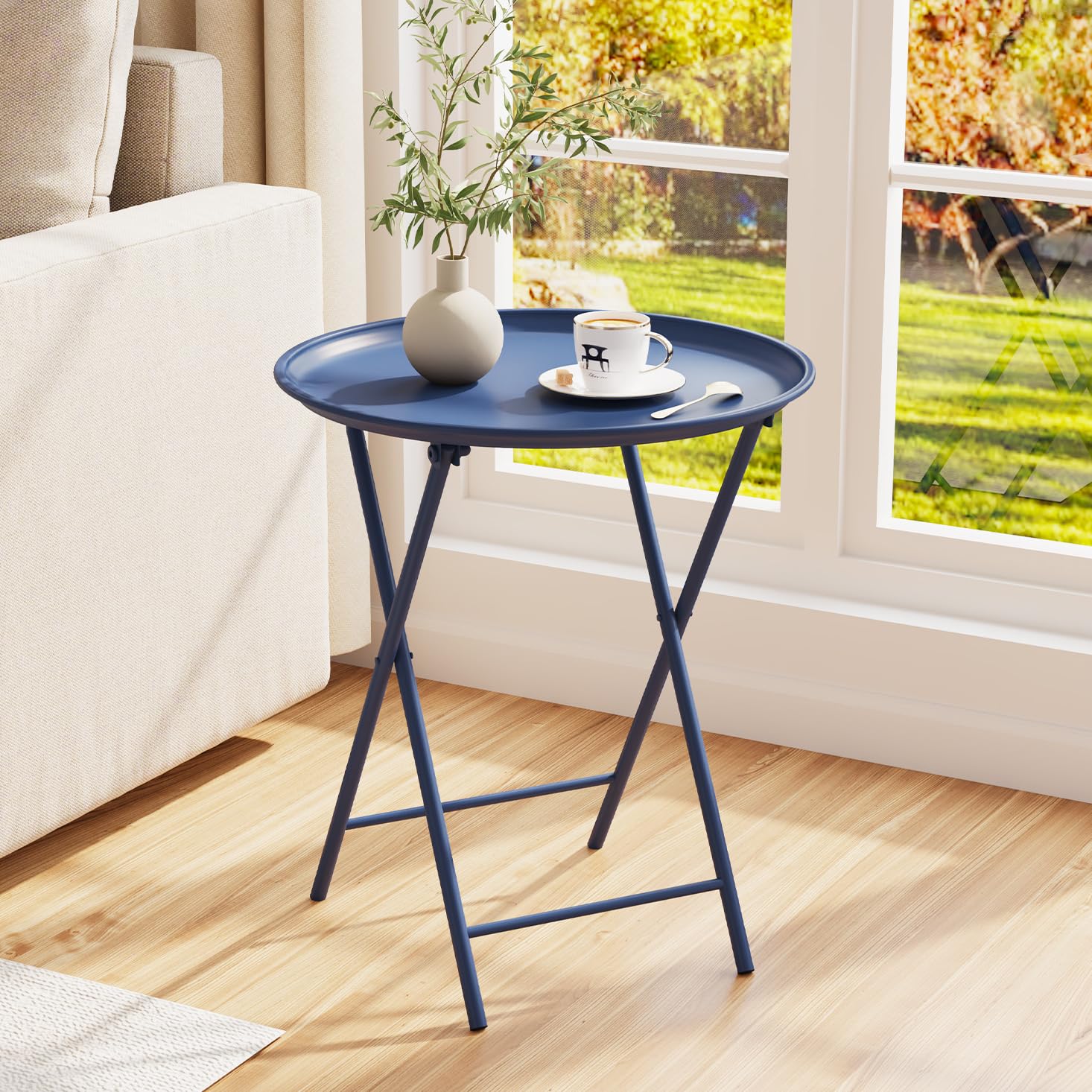 Garden 4 you Folding TV Tray Table, Metal Round Side Table, Blue Dinner Table with Metal Frame, Modern Outdoor Tray Table for Living Room, Bedroom, Patio & Small Spaces, 2 Packs