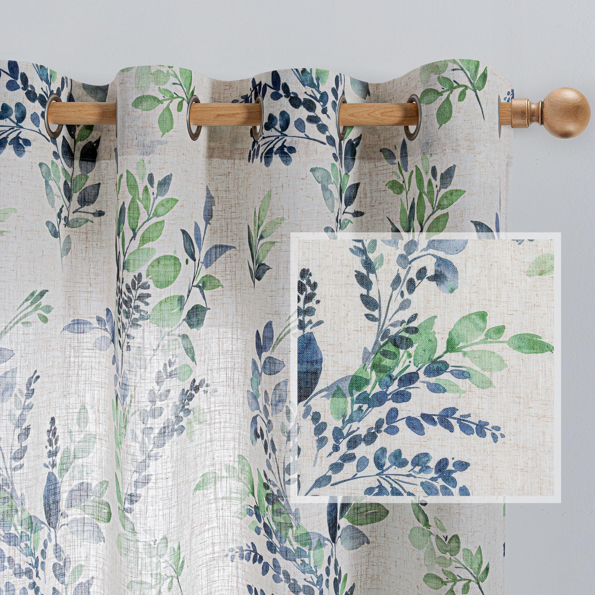 MYSKY HOME Sage Green Floral Linen Spring Curtains 84 inch Long 2 Panels Set Semi Sheer Light Filtering Farmhouse Flower Pattern Grommet Top for Living Room Bedroom, 52" W Each Panel
