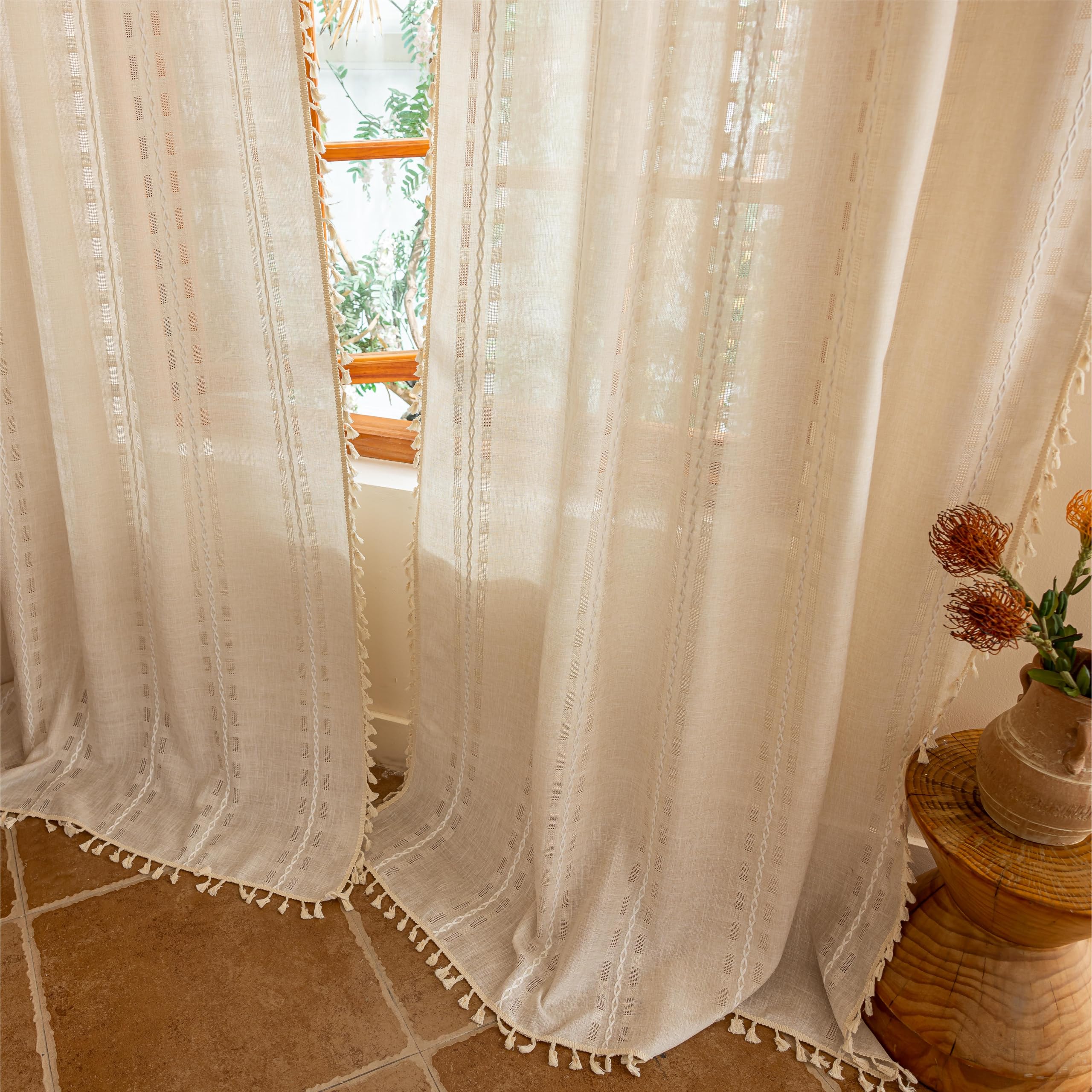 Natural Boho Semi Sheer Curtains 63 inch Length 2 Panel Set for Bedroom & Farmhouse, Bohemian Beige Light Filtering Privacy Drapes Tassels Shabby Chic Embroidery Window Curtains Back Tab & Rod pocket