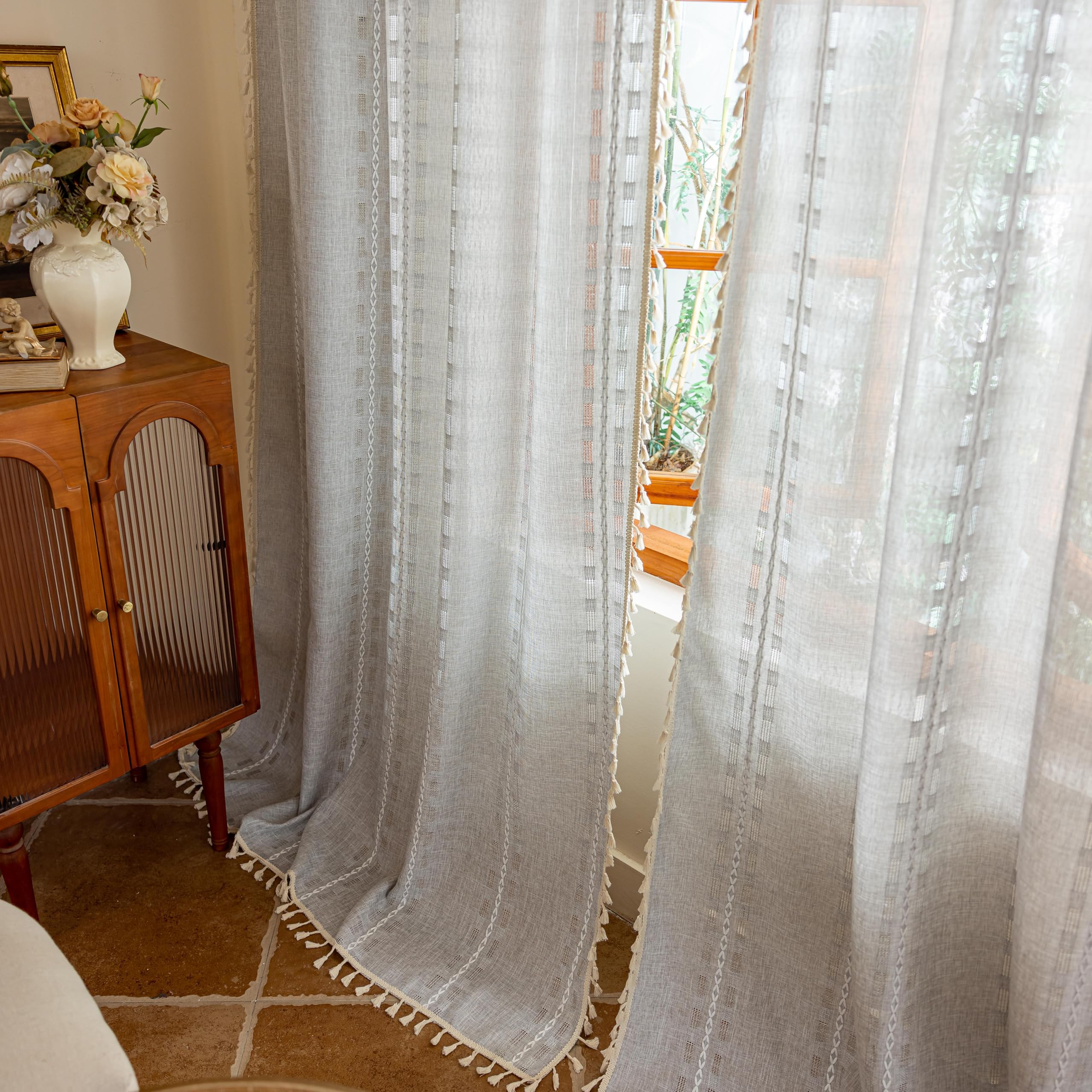 Natural Boho Semi Sheer Curtains 63 inch Length 2 Panel Set for Bedroom & Farmhouse, Bohemian Beige Light Filtering Privacy Drapes Tassels Shabby Chic Embroidery Window Curtains Back Tab & Rod pocket